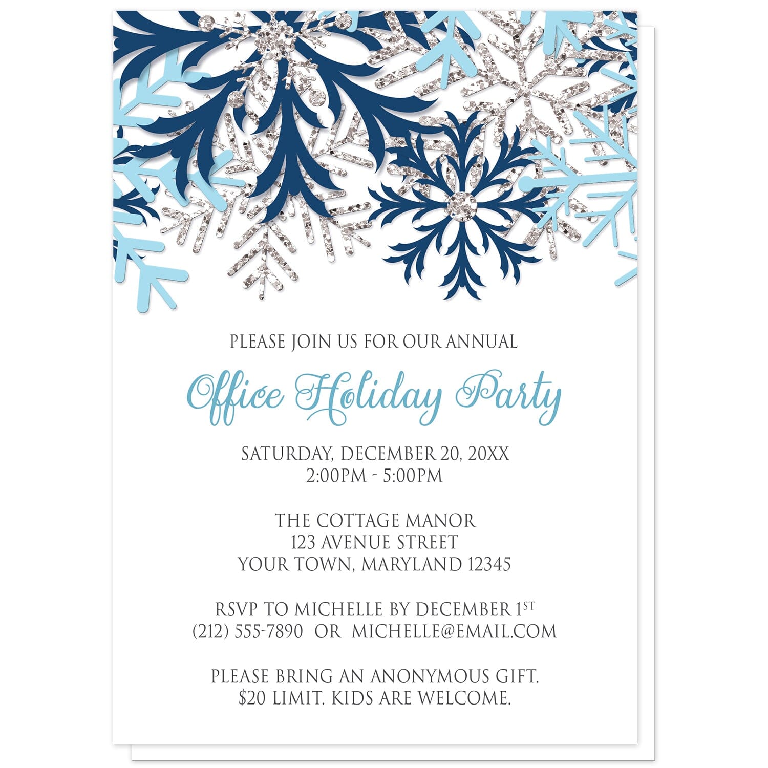 Winter Blue Silver Snowflake Holiday Party Invitations at Artistically Invited. Winter blue silver snowflake holiday party invitations with navy blue, aqua blue, and silver-colored glitter-illustrated snowflakes over a white background. Your personalized party details for your home or office party are custom printed in gray and blue. The occasion title is printed in a whimsical blue script font while your remaining details are printed in an all-capital letters gray serif font.