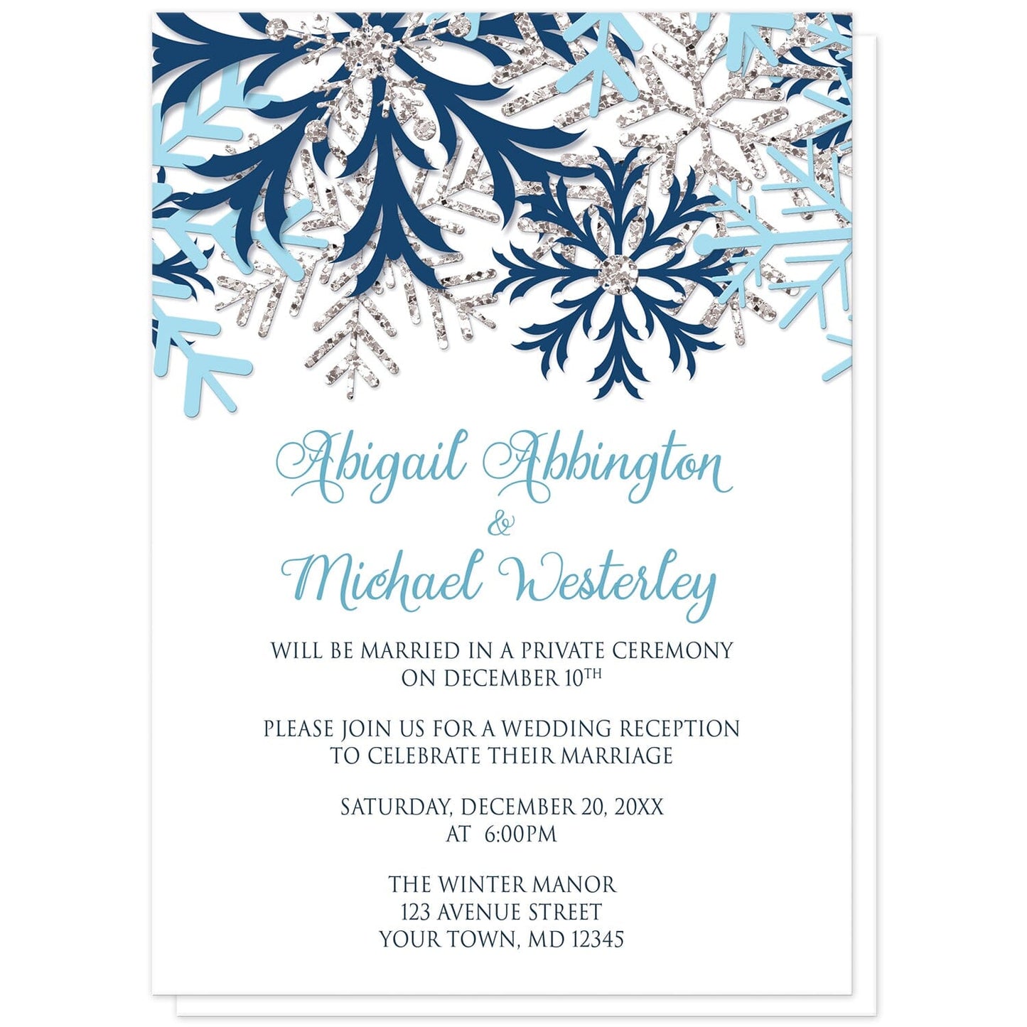 Winter Blue Silver Snowflake Reception Only Invitations at Artistically Invited. Beautiful winter blue silver snowflake reception only invitations designed with navy blue, aqua blue, and silver-colored glitter-illustrated snowflakes along the top over a white background. Your personalized post-wedding reception details are arranged in blue and gray below the pretty snowflakes.