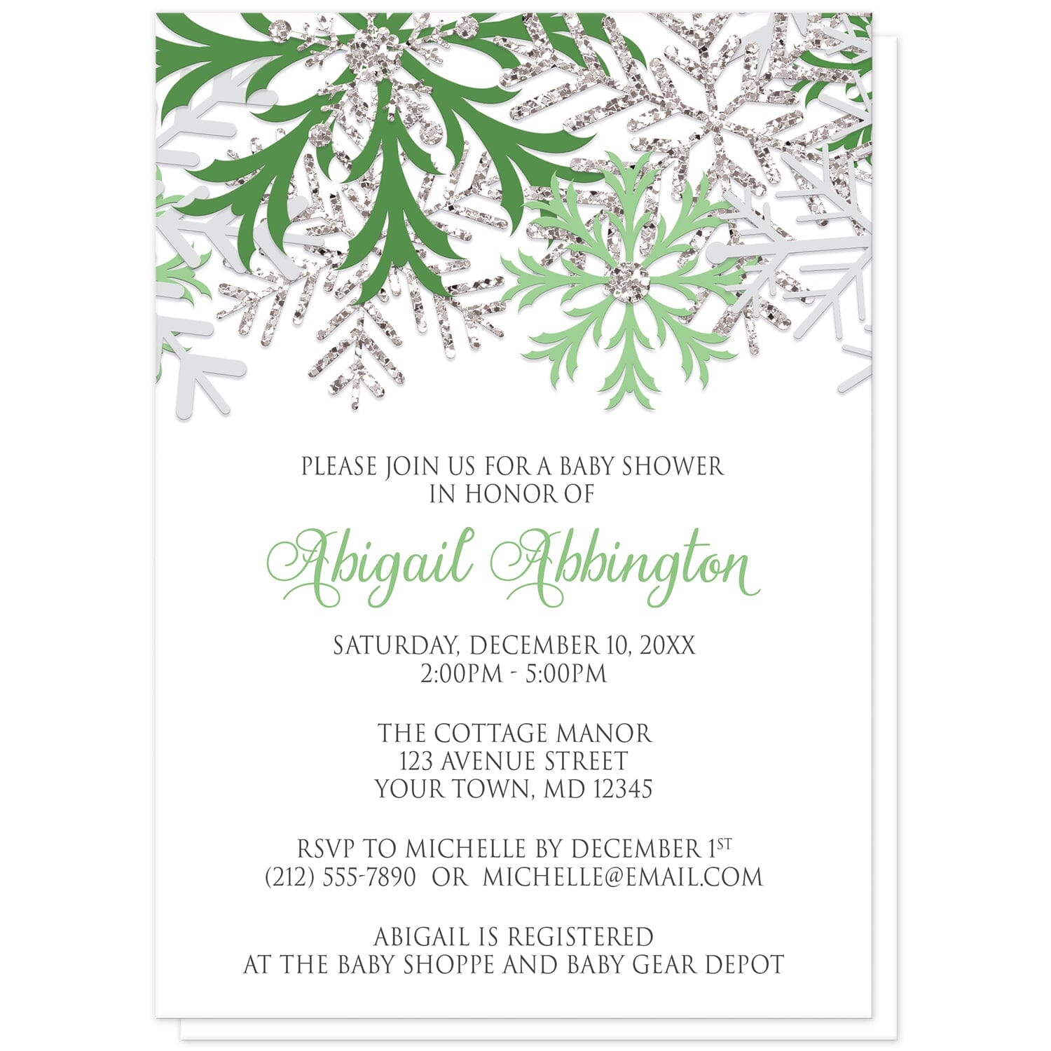 Winter Green Silver Snowflake Baby Shower Invitations at Artistically Invited. Beautiful winter green silver snowflake baby shower invitations designed with green, light green, silver-colored glitter-illustrated, and light gray snowflakes along the top over a white background. Your personalized baby shower celebration details are arranged in green and gray below the pretty snowflakes.