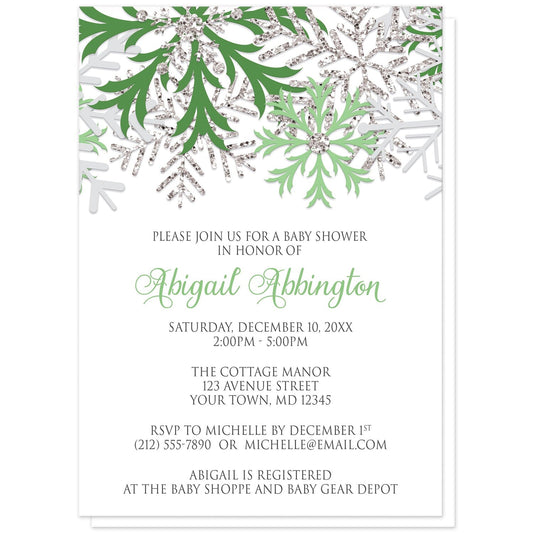Winter Green Silver Snowflake Baby Shower Invitations at Artistically Invited. Beautiful winter green silver snowflake baby shower invitations designed with green, light green, silver-colored glitter-illustrated, and light gray snowflakes along the top over a white background. Your personalized baby shower celebration details are arranged in green and gray below the pretty snowflakes.