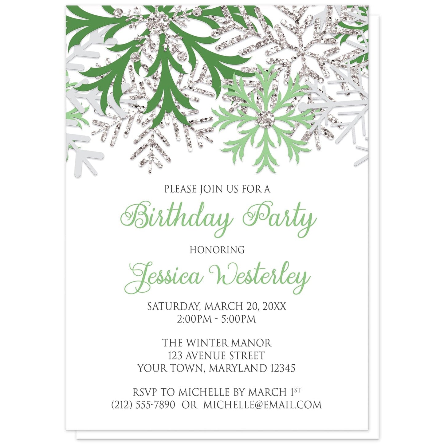 Winter Green Silver Snowflake Birthday Party Invitations at Artistically Invited. Beautiful winter green silver snowflake birthday party invitations designed with green, light green, silver-colored glitter-illustrated, and light gray snowflakes along the top over a white background. Your personalized birthday celebration details are arranged in green and gray below the pretty snowflakes.