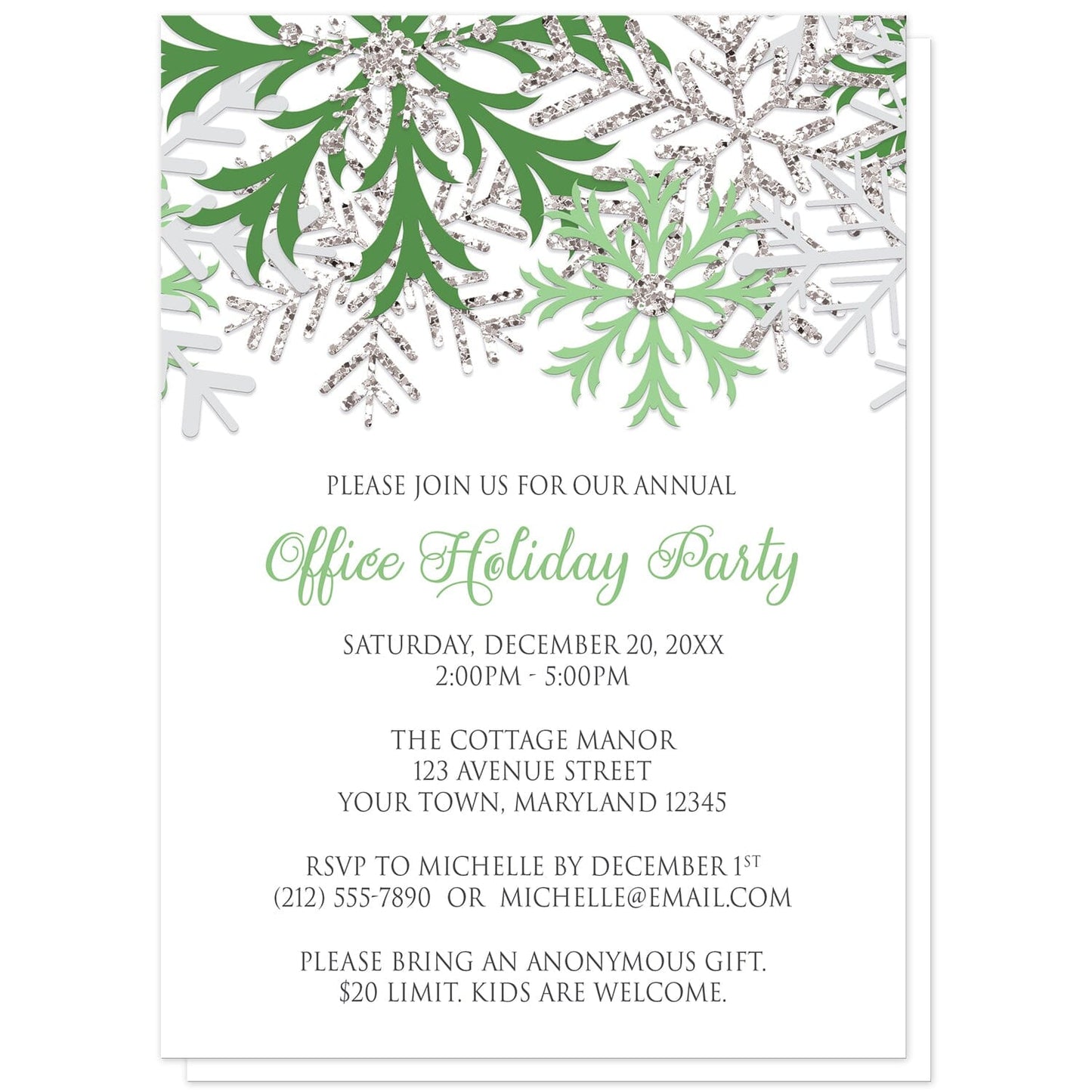 Winter Green Silver Snowflake Holiday Party Invitations at Artistically Invited. Winter green silver snowflake holiday party invitations with green, light green, and silver-colored glitter-illustrated snowflakes over a white background. Your personalized party details for your home or office party are arranged in gray and green. The occasion title is printed in a whimsical green script font while your remaining details are printed in an all-capital letters gray serif font.