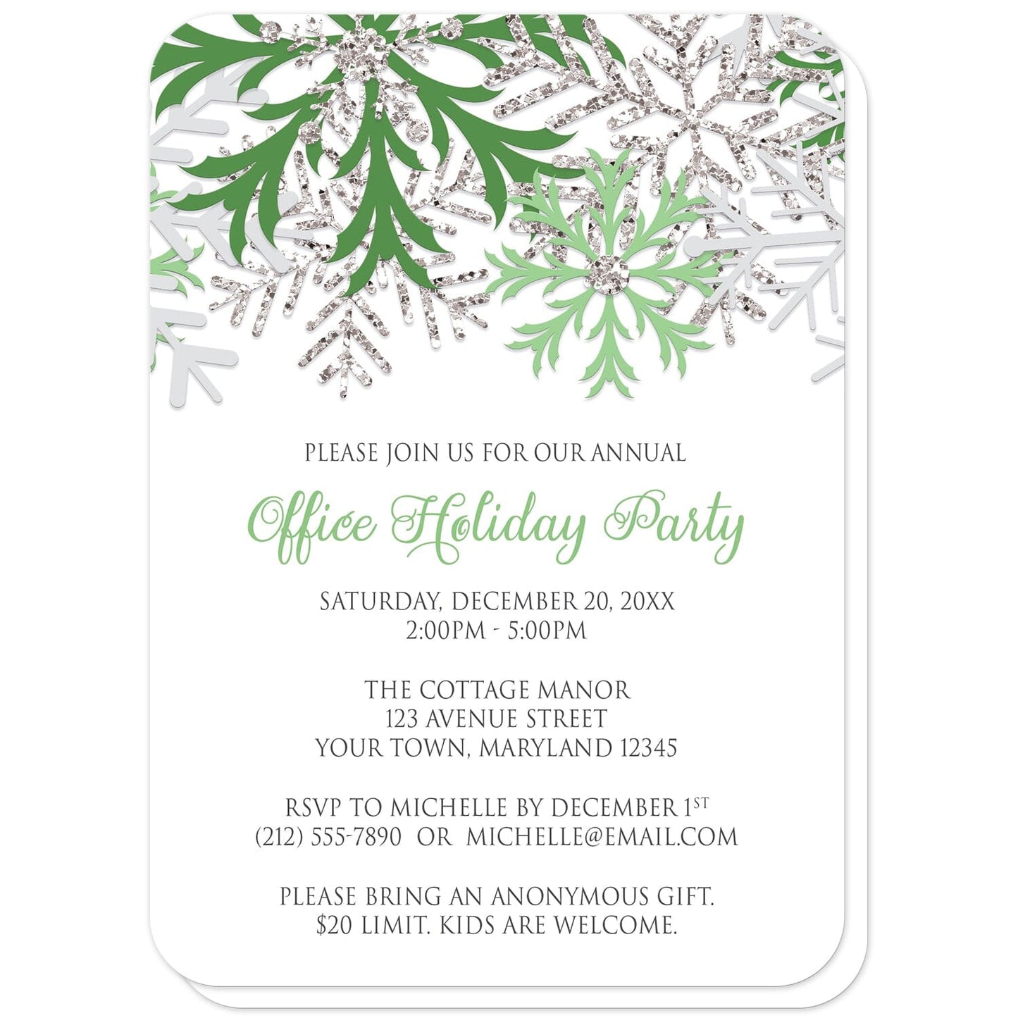 Winter Green Silver Snowflake Holiday Party Invitations (with rounded corners) at Artistically Invited. Winter green silver snowflake holiday party invitations with green, light green, and silver-colored glitter-illustrated snowflakes over a white background. Your personalized party details for your home or office party are custom printed in gray and green. The occasion title is printed in a whimsical green script font while your remaining details are printed in an all-capital letters gray serif font.