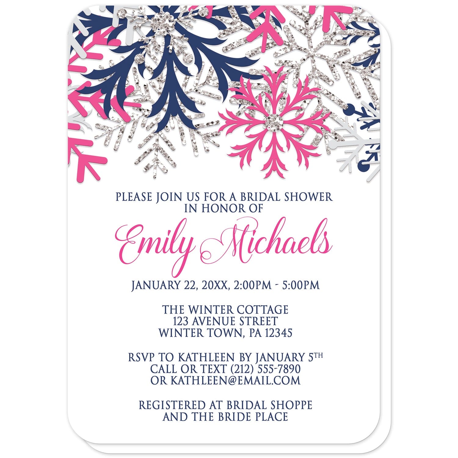 Winter Navy Fuchsia Snowflake Bridal Shower Invitations (with rounded corners) at Artistically Invited. Beautiful winter navy fuchsia snowflake bridal shower invitations designed with navy blue, fuchsia pink, silver-colored glitter-illustrated, and light gray snowflakes along the top over a white background. Your personalized bridal shower celebration details are custom printed in navy blue and fuchsia below the pretty snowflakes.
