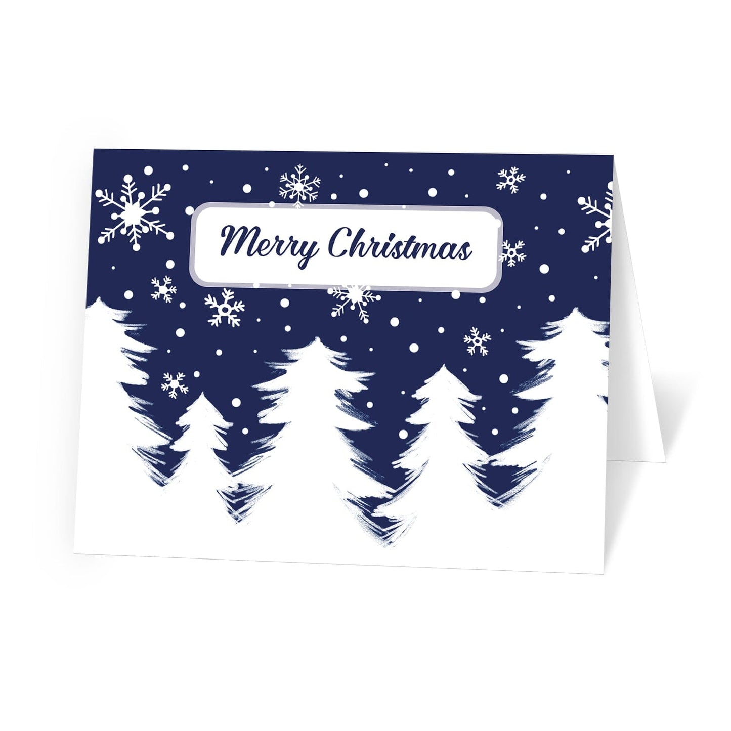 Winter Night Snow Christmas Cards at Artistically Invited. These cards are designed with an illustration of a line of white silhouette winter trees along the bottom. "Merry Christmas" is printed on the front of the cards in a blue script font in a white frame over a snowing blue night sky with white snowflakes falling.