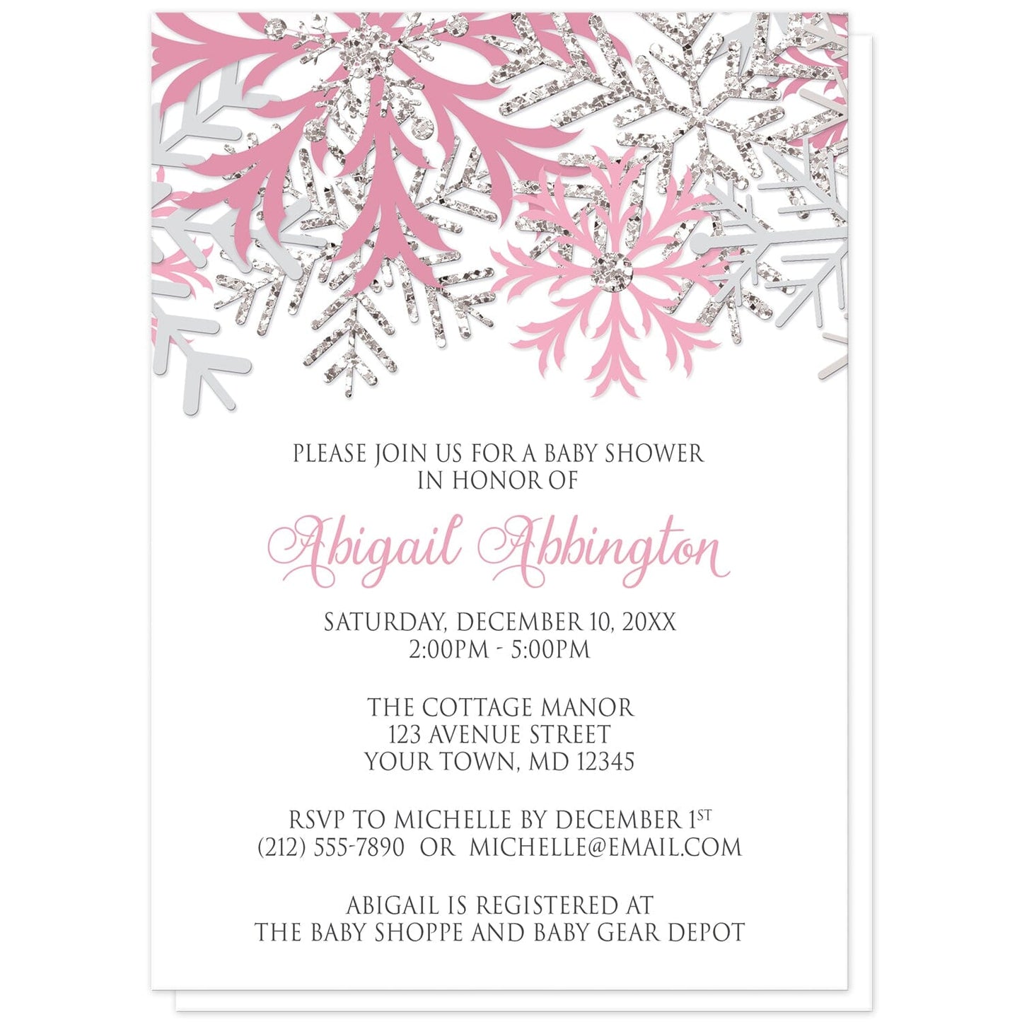 Winter Pink Silver Snowflake Baby Shower Invitations at Artistically Invited. Beautiful winter pink silver snowflake baby shower invitations designed with pink, light pink, silver-colored glitter-illustrated, and light gray snowflakes along the top over a white background. Your personalized baby shower celebration details are arranged in pink and gray below the pretty snowflakes.