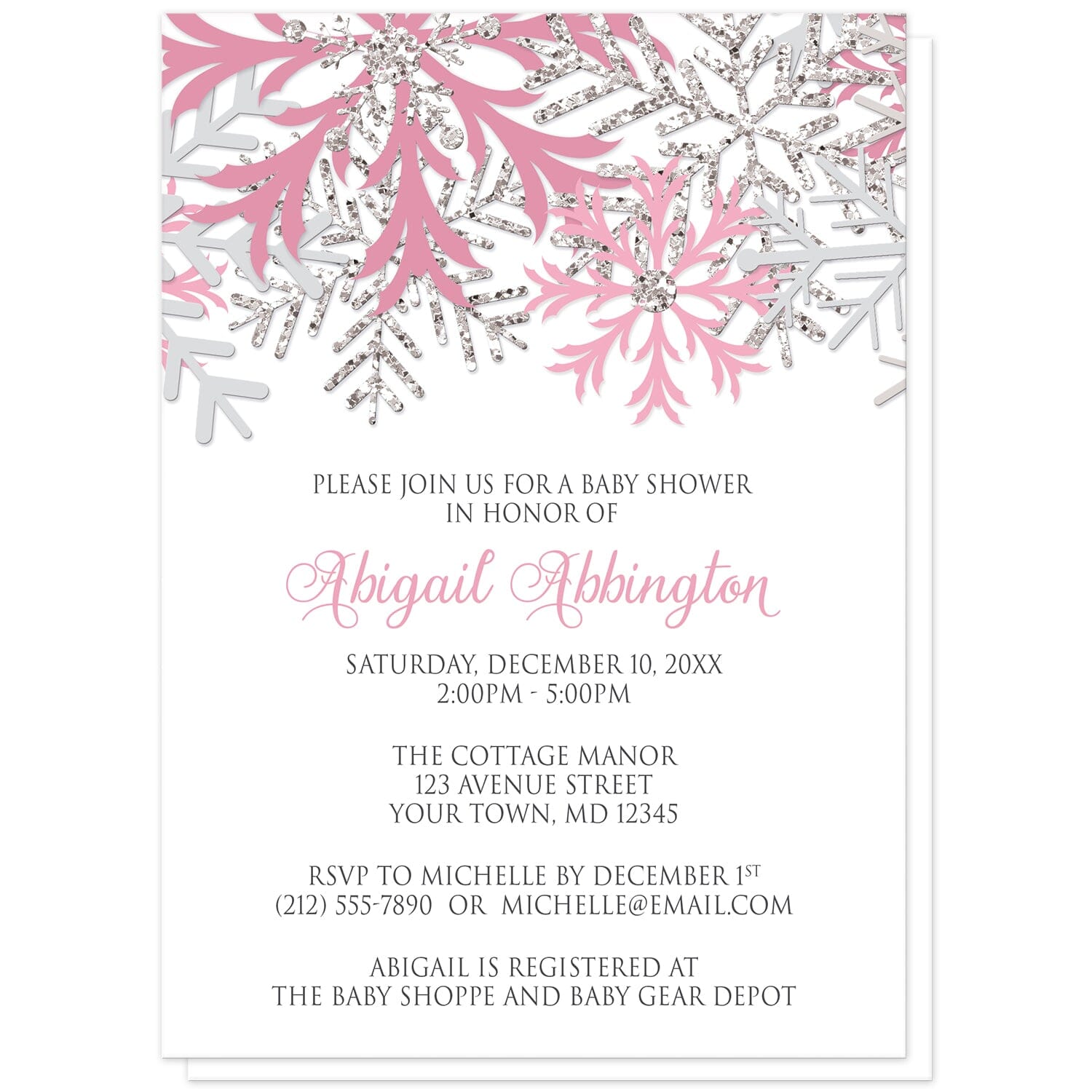 Winter Pink Silver Snowflake Baby Shower Invitations at Artistically Invited. Beautiful winter pink silver snowflake baby shower invitations designed with pink, light pink, silver-colored glitter-illustrated, and light gray snowflakes along the top over a white background. Your personalized baby shower celebration details are arranged in pink and gray below the pretty snowflakes.