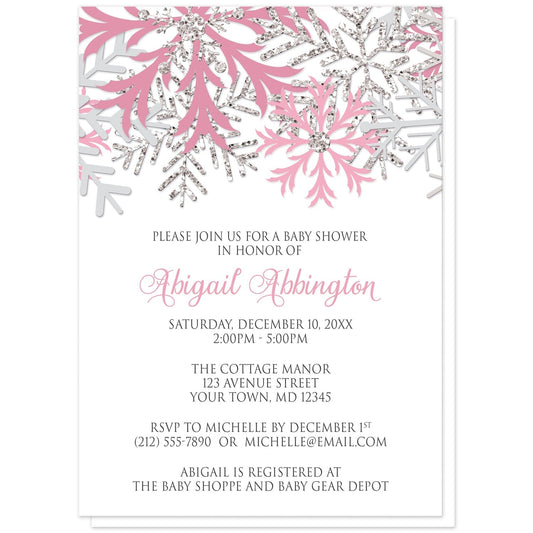 Winter Pink Silver Snowflake Baby Shower Invitations at Artistically Invited. Beautiful winter pink silver snowflake baby shower invitations designed with pink, light pink, silver-colored glitter-illustrated, and light gray snowflakes along the top over a white background. Your personalized baby shower celebration details are arranged in pink and gray below the pretty snowflakes.