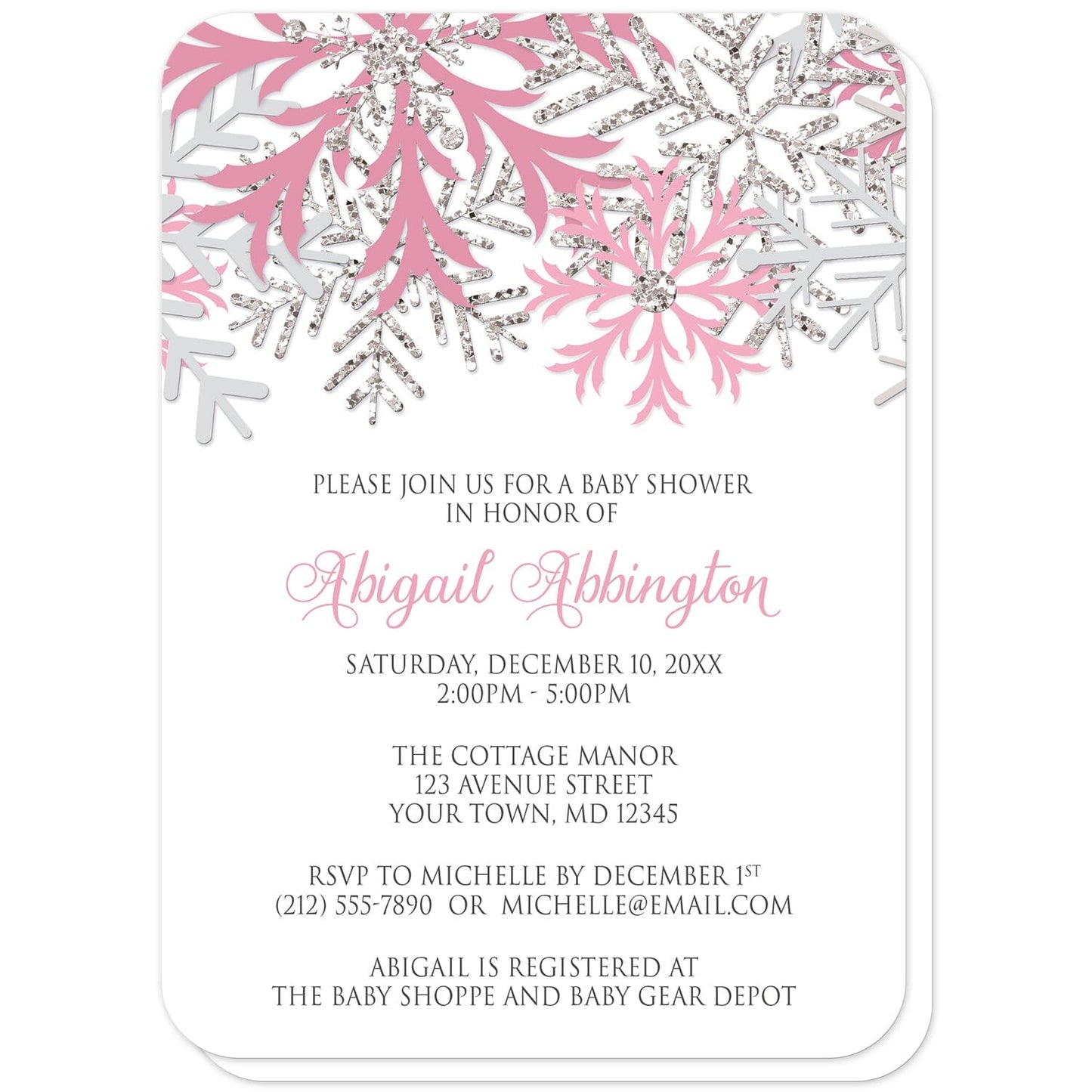 Winter Pink Silver Snowflake Baby Shower Invitations (with rounded corners) at Artistically Invited. Beautiful winter pink silver snowflake baby shower invitations designed with pink, light pink, silver-colored glitter-illustrated, and light gray snowflakes along the top over a white background. Your personalized baby shower celebration details are custom printed in pink and gray below the pretty snowflakes.