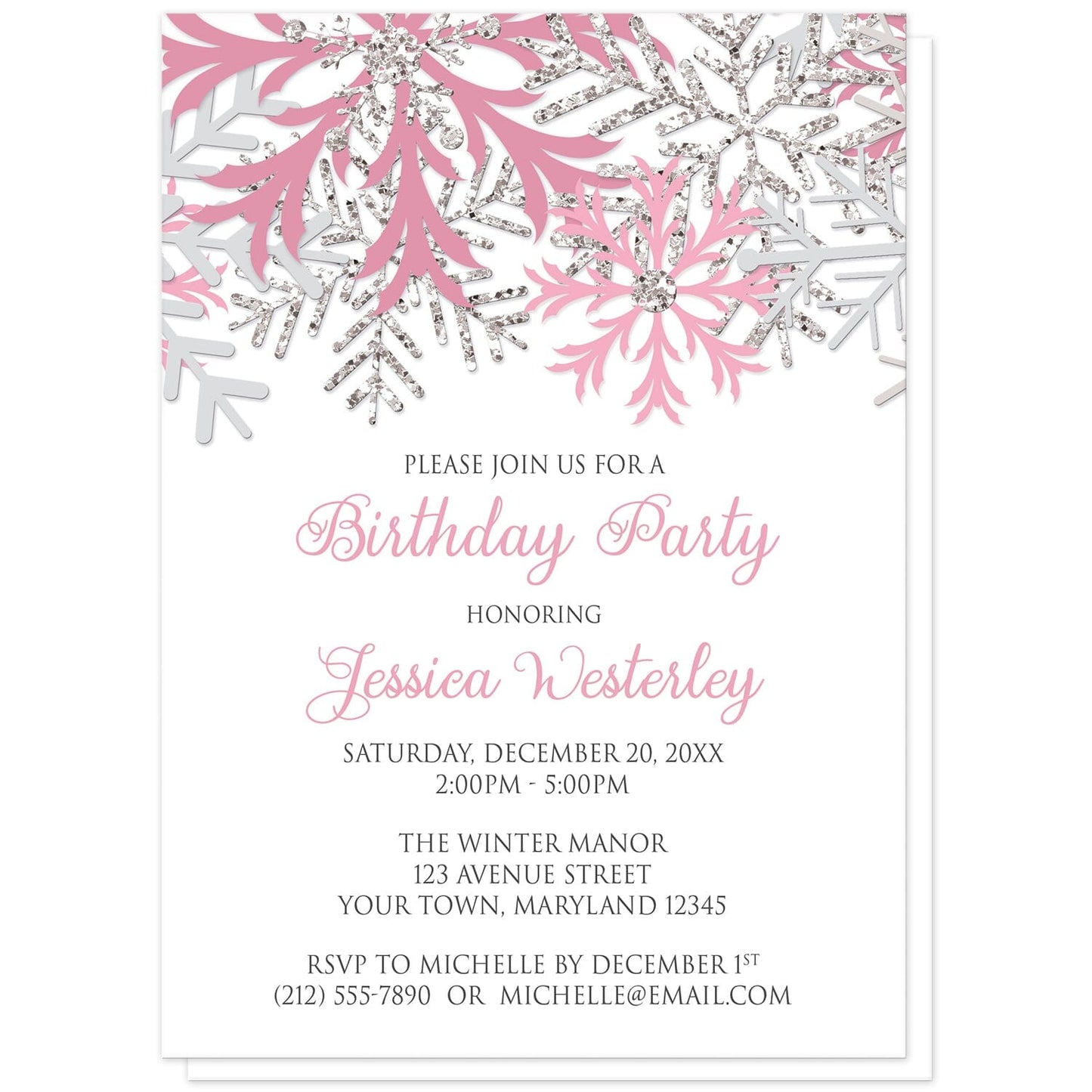 Winter Pink Silver Snowflake Birthday Party Invitations at Artistically Invited. Beautiful winter pink silver snowflake birthday party invitations designed with pink, light pink, silver-colored glitter-illustrated, and light gray snowflakes along the top over a white background. Your personalized birthday celebration details are arranged in pink and gray below the pretty snowflakes.
