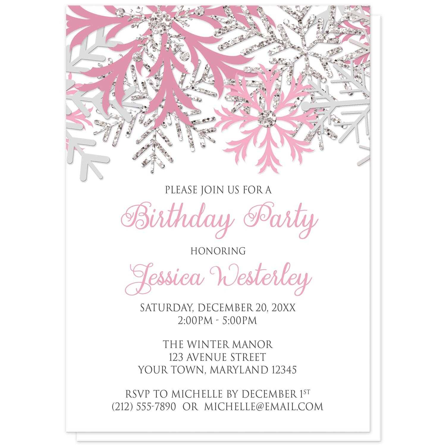 Winter Pink Silver Snowflake Birthday Party Invitations at Artistically Invited. Beautiful winter pink silver snowflake birthday party invitations designed with pink, light pink, silver-colored glitter-illustrated, and light gray snowflakes along the top over a white background. Your personalized birthday celebration details are arranged in pink and gray below the pretty snowflakes.
