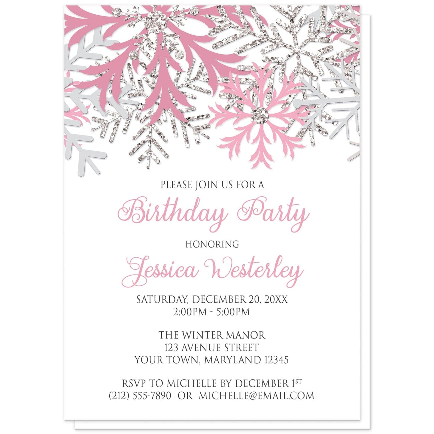 Winter Pink Silver Snowflake Birthday Party Invitations at Artistically Invited. Beautiful winter pink silver snowflake birthday party invitations designed with pink, light pink, silver-colored glitter-illustrated, and light gray snowflakes along the top over a white background. Your personalized birthday celebration details are custom printed in pink and gray below the pretty snowflakes.