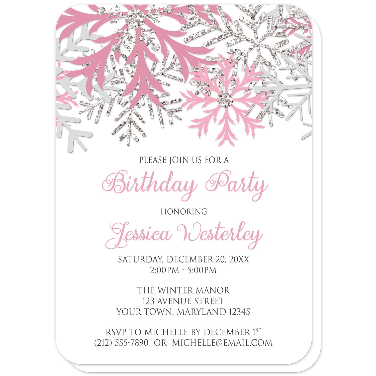 Winter Pink Silver Snowflake Birthday Party Invitations (with rounded corners) at Artistically Invited. Beautiful winter pink silver snowflake birthday party invitations designed with pink, light pink, silver-colored glitter-illustrated, and light gray snowflakes along the top over a white background. Your personalized birthday celebration details are custom printed in pink and gray below the pretty snowflakes.