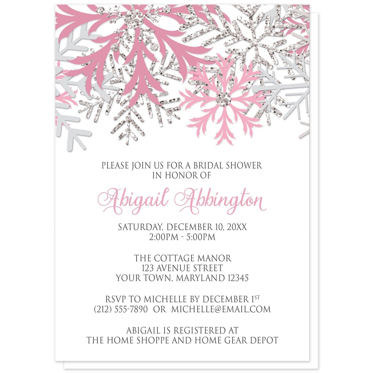 Winter Pink Silver Snowflake Bridal Shower Invitations at Artistically Invited. Beautiful winter pink silver snowflake bridal shower invitations designed with pink, light pink, silver-colored glitter-illustrated, and light gray snowflakes along the top over a white background. Your personalized bridal shower celebration details are arranged in pink and gray below the pretty snowflakes.