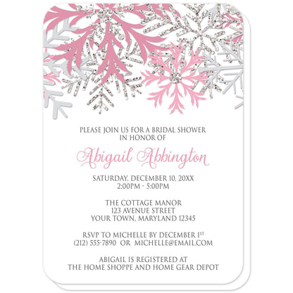 Winter Pink Silver Snowflake Bridal Shower Invitations (with rounded corners) at Artistically Invited.