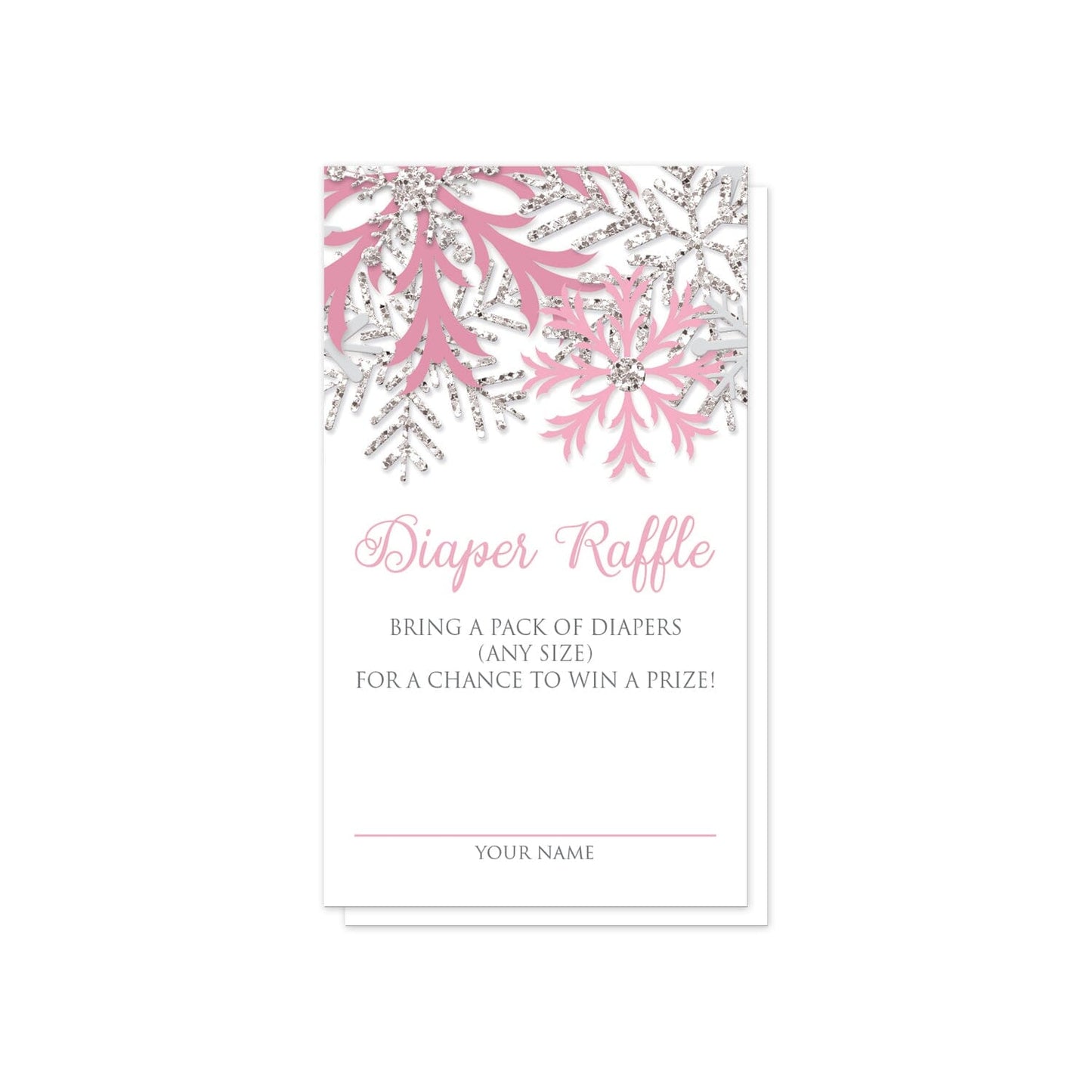 Winter Pink Silver Snowflake Diaper Raffle Cards at Artistically Invited. A business-card-sized enclosure card designed with snowflakes in pink and silver-colored glitter-illustrated snowflakes along the top, and standard diaper raffle details below.