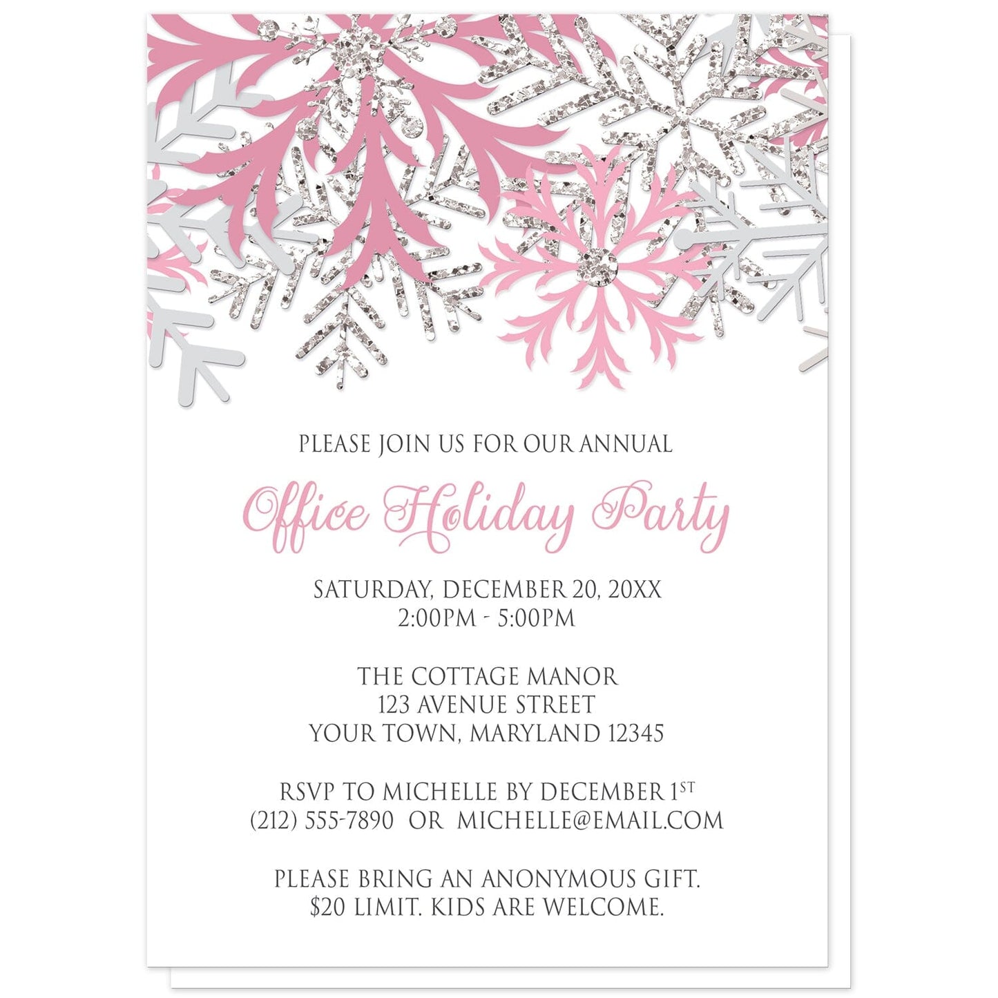 Winter Pink Silver Snowflake Holiday Party Invitations at Artistically Invited. Winter pink silver snowflake holiday party invitations with pink, light pink, and silver-colored glitter-illustrated snowflakes over a white background. Your personalized party details for your home or office party are arranged in gray and pink. The occasion title is printed in a whimsical pink script font while your remaining details are printed in an all-capital letters gray serif font.