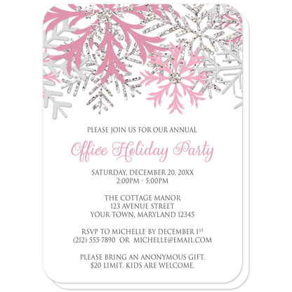 Winter Pink Silver Snowflake Holiday Party Invitations (with rounded corners) at Artistically Invited. Winter pink silver snowflake holiday party invitations with pink, light pink, and silver-colored glitter-illustrated snowflakes over a white background. Your personalized party details for your home or office party are custom printed in gray and pink. The occasion title is printed in a whimsical pink script font while your remaining details are printed in an all-capital letters gray serif font.