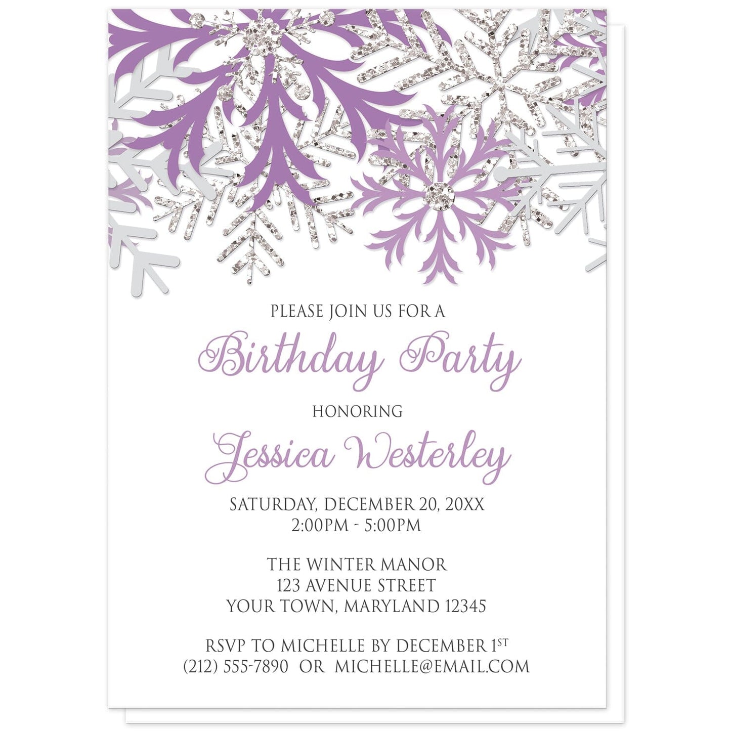 Winter Purple Silver Snowflake Birthday Party Invitations at Artistically Invited. Beautiful winter purple silver snowflake birthday party invitations designed with purple, light purple, silver-colored glitter-illustrated, and light gray snowflakes along the top over a white background. Your personalized birthday celebration details are arranged in purple and gray below the pretty snowflakes.