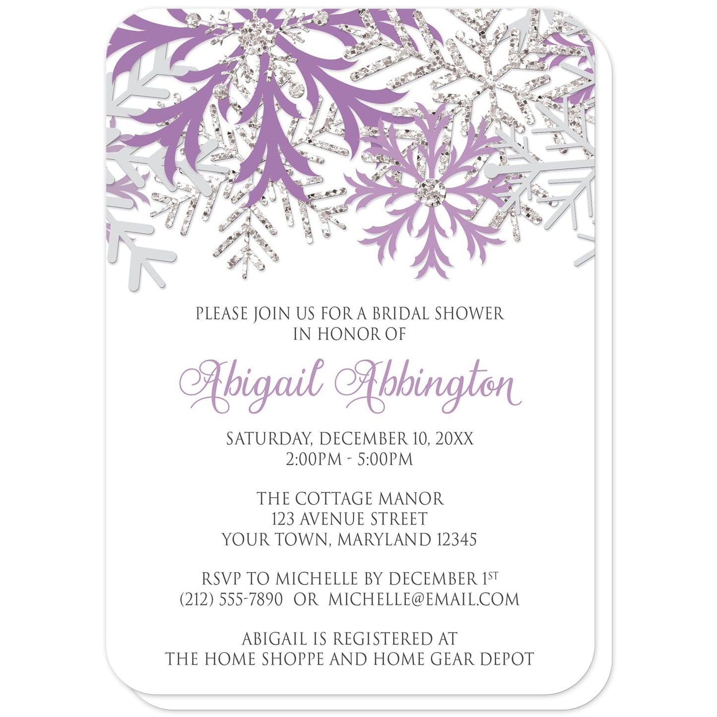 Winter Purple Silver Snowflake Bridal Shower Invitations (with rounded corners) at Artistically Invited. Beautiful winter purple silver snowflake bridal shower invitations designed with purple, light purple, silver-colored glitter-illustrated, and light gray snowflakes along the top over a white background. Your personalized bridal shower celebration details are custom printed in purple and gray below the pretty snowflakes.
