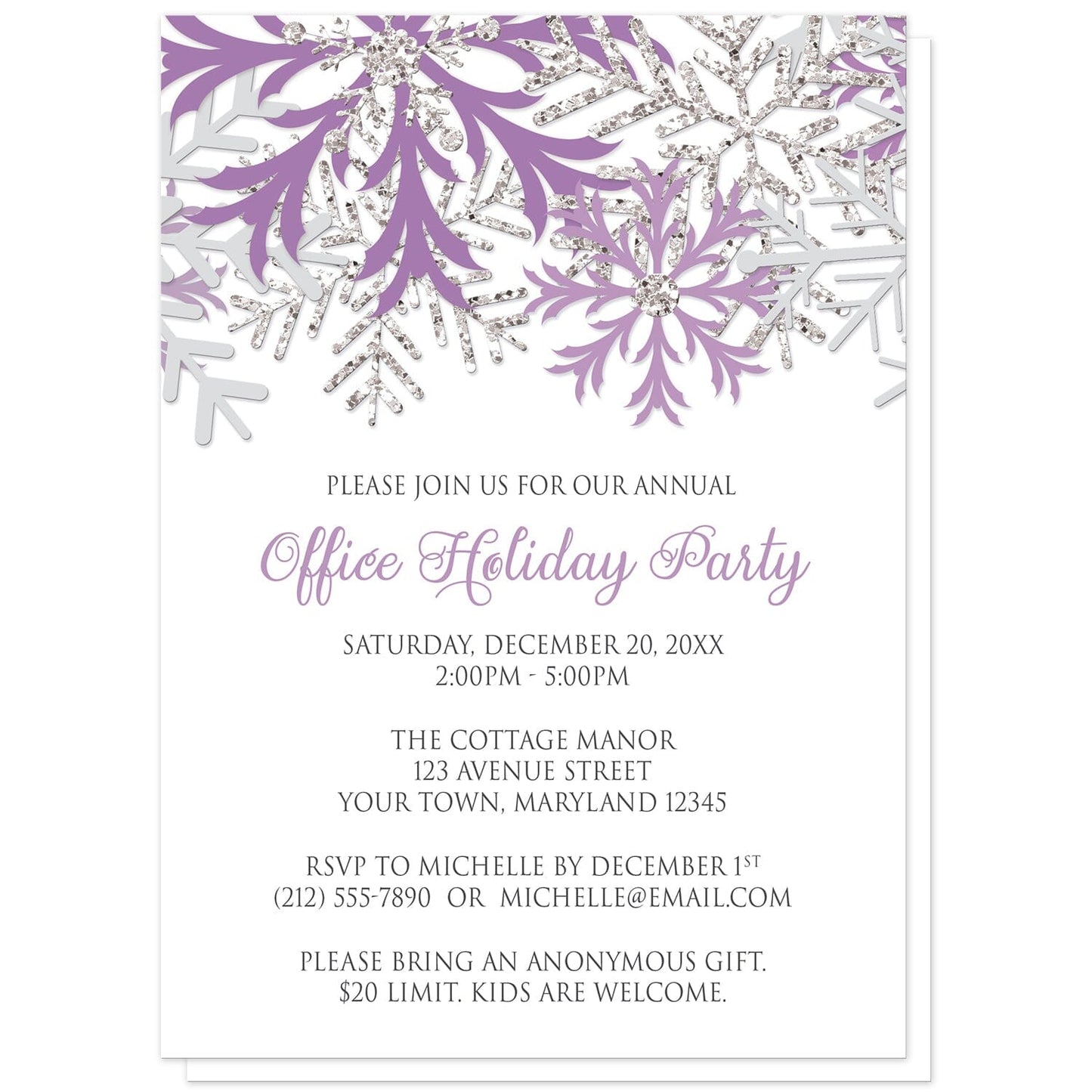 Winter Purple Silver Snowflake Holiday Party Invitations at Artistically Invited. Winter purple silver snowflake holiday party invitations with purple, light purple, and silver-colored glitter-illustrated snowflakes over a white background. Your personalized party details for your home or office party are arranged in gray and purple. The occasion title is printed in a whimsical purple script font while your remaining details are printed in an all-capital letters gray serif font.