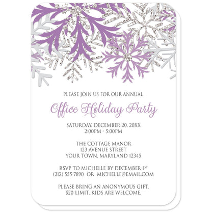 Winter Purple Silver Snowflake Holiday Party Invitations (with rounded corners) at Artistically Invited. Winter purple silver snowflake holiday party invitations with purple, light purple, and silver-colored glitter-illustrated snowflakes over a white background. Your personalized party details for your home or office party are custom printed in gray and purple. The occasion title is printed in a whimsical purple script font while your remaining details are printed in an all-capital letters gray serif font.