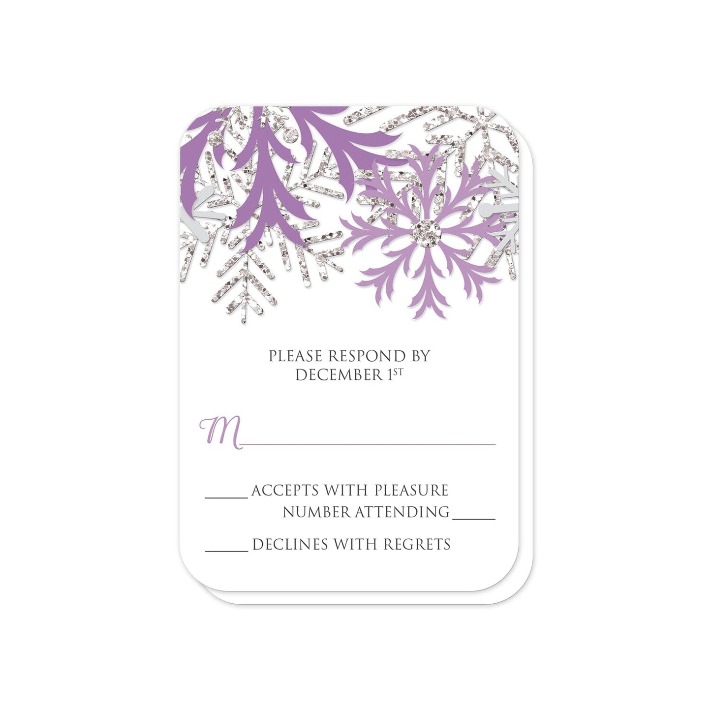 Winter Purple Silver Snowflake RSVP Cards (with rounded corners) at Artistically Invited.