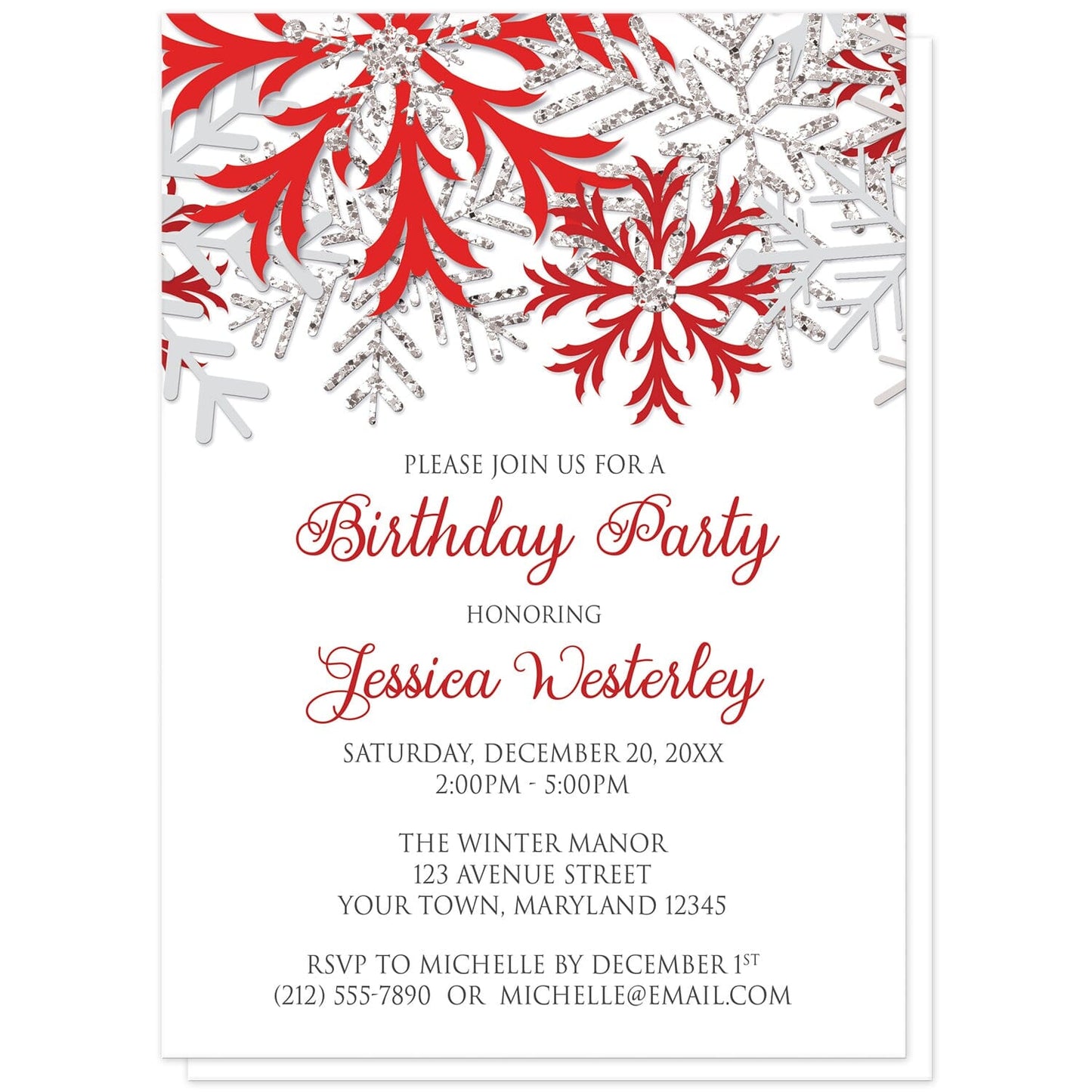 Winter Red Silver Snowflake Birthday Party Invitations at Artistically Invited. Beautiful winter red silver snowflake birthday party invitations designed with red, darker red, silver-colored glitter-illustrated, and light gray snowflakes along the top over a white background. Your personalized birthday celebration details are arranged in red and gray below the pretty snowflakes.