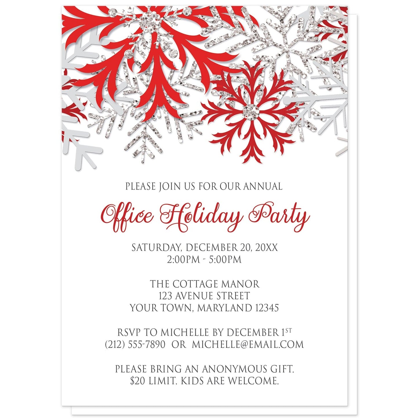 Winter Red Silver Snowflake Holiday Party Invitations at Artistically Invited. Winter red silver snowflake holiday party invitations with red, darker red, and silver-colored glitter-illustrated snowflakes over a white background. Your personalized party details for your home or office party are arranged in gray and red. The occasion title is printed in a whimsical red script font while your remaining details are printed in an all-capital letters gray serif font.