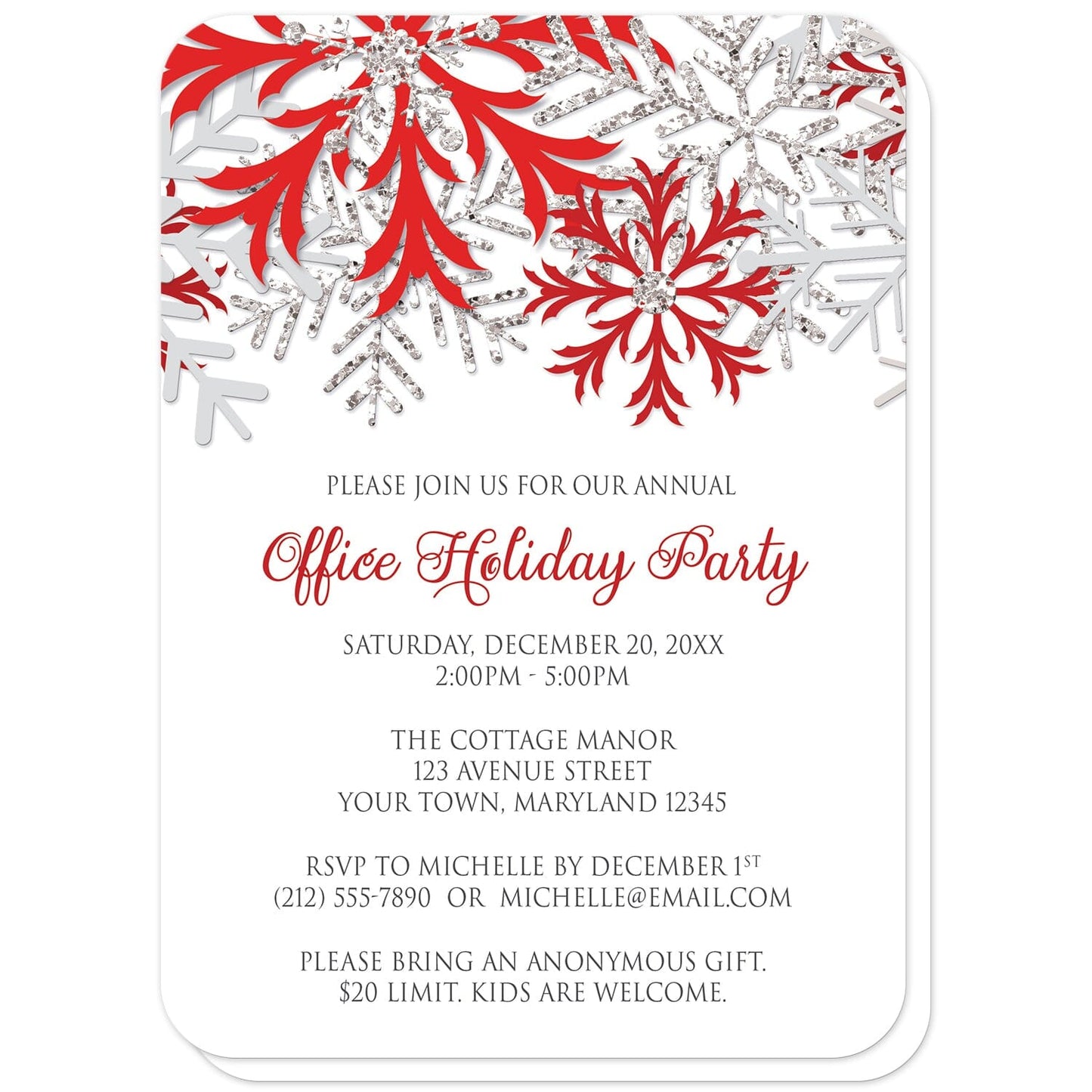 Winter Red Silver Snowflake Holiday Party Invitations (with rounded corners) at Artistically Invited. Winter red silver snowflake holiday party invitations with red, darker red, and silver-colored glitter-illustrated snowflakes over a white background. Your personalized party details for your home or office party are custom printed in gray and red. The occasion title is printed in a whimsical red script font while your remaining details are printed in an all-capital letters gray serif font.