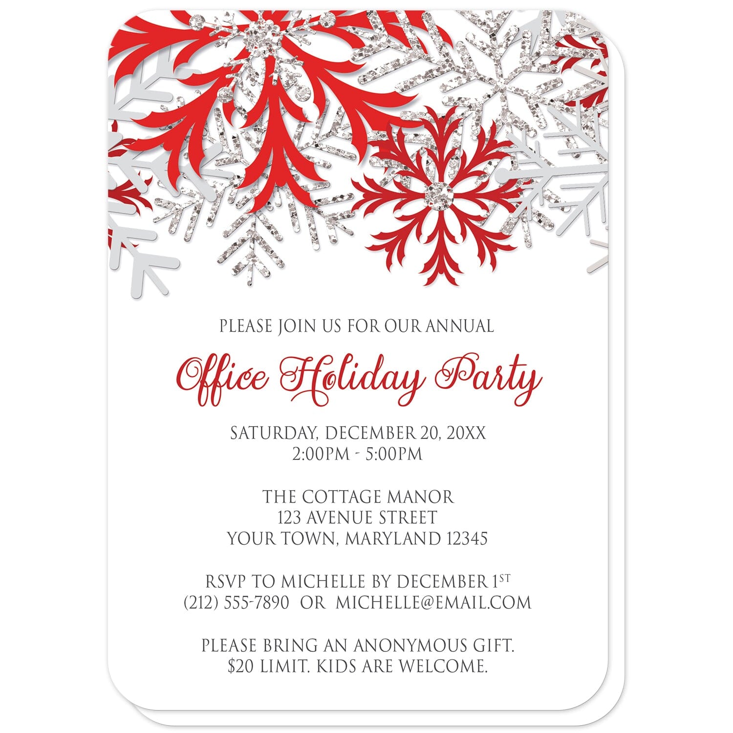 Winter Red Silver Snowflake Holiday Party Invitations (with rounded corners) at Artistically Invited. Winter red silver snowflake holiday party invitations with red, darker red, and silver-colored glitter-illustrated snowflakes over a white background. Your personalized party details for your home or office party are custom printed in gray and red. The occasion title is printed in a whimsical red script font while your remaining details are printed in an all-capital letters gray serif font.