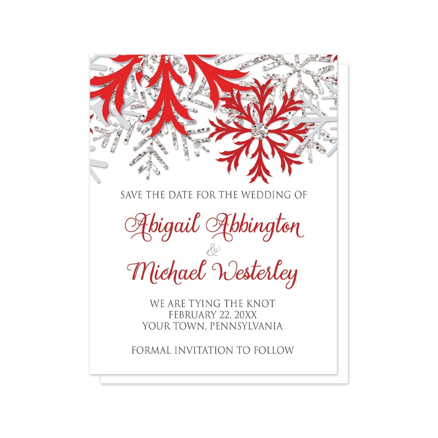 Winter Red Silver Snowflake Save the Date Cards at Artistically Invited. Beautiful winter red silver snowflake save the date cards designed with red, darker red, silver-colored glitter-illustrated, and light gray snowflakes along the top over a white background. Your personalized wedding date details are arranged in red and gray below the pretty snowflakes.