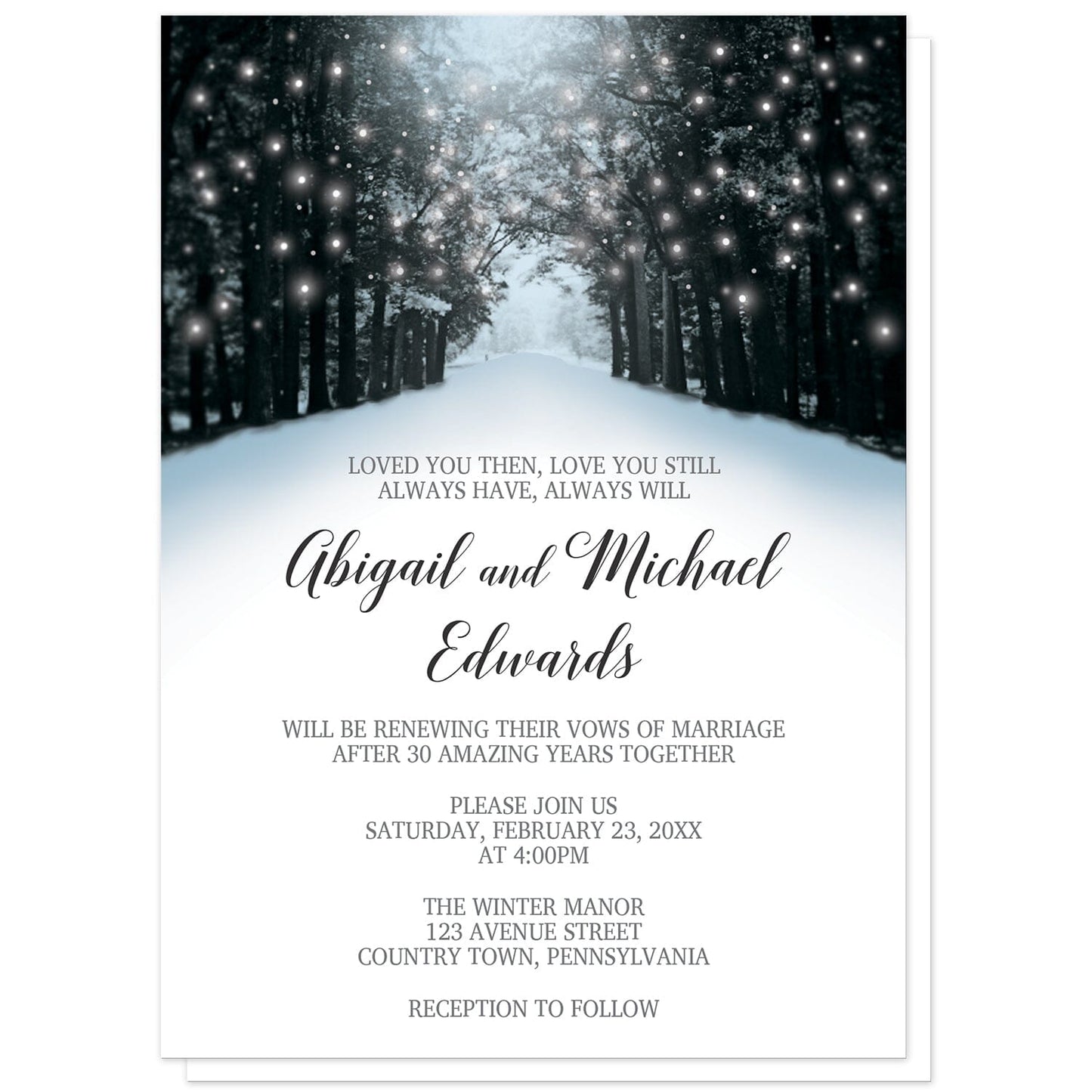 Snowy Winter Road Tree Lights Vow Renewal Invitations at Artistically Invited. Beautiful snowy winter road tree lights vow renewal invitations with a snowy tree lined road filled with white holiday lights. They're designed in a blue, black, and gray winter color scheme with a winter wonderland theme. Your personalized vow renewal details are arranged in black and gray over a snow white background below the snowy road design.