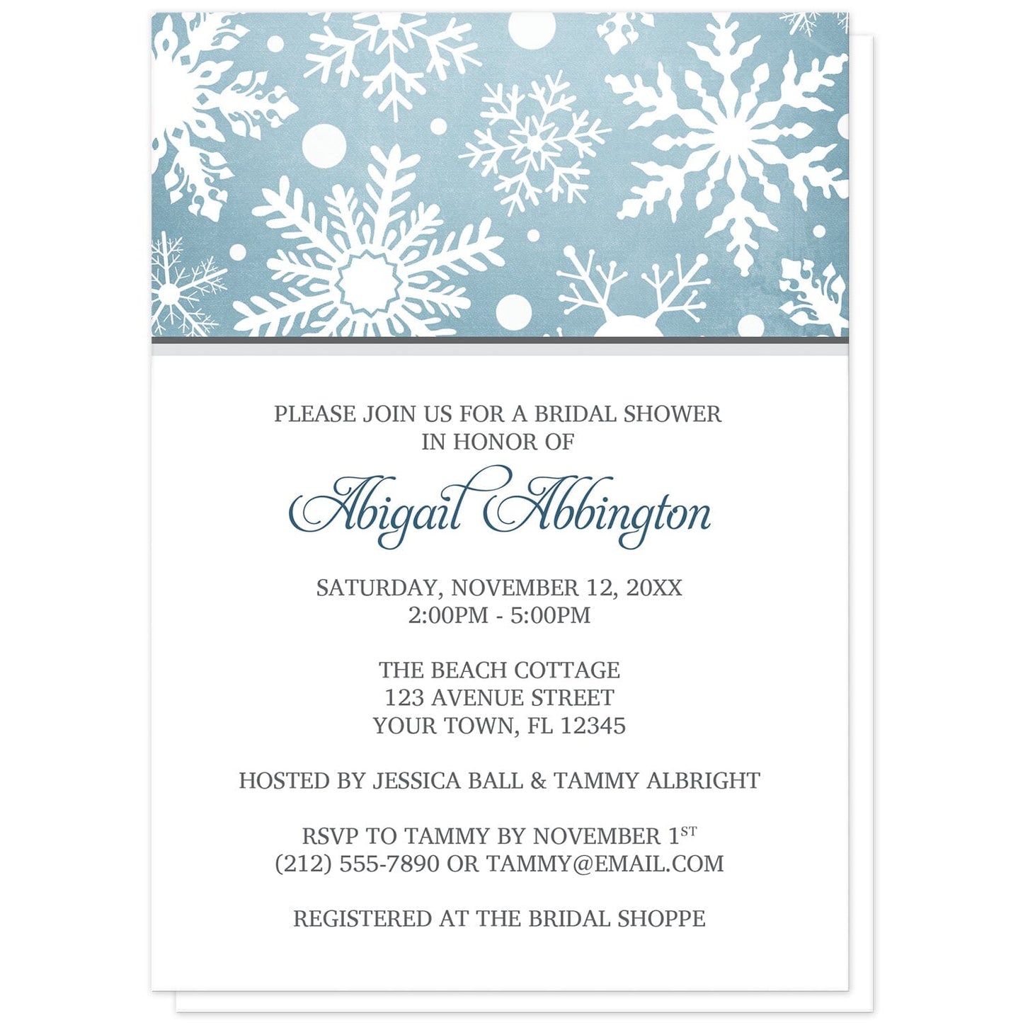 Winter Snowflake Blue Gray Bridal Shower Invitations at Artistically Invited. Modern winter snowflake blue gray bridal shower invitations designed with a white snowflakes pattern over an organic blue wintry background at the top of the invitations. Your personalized bridal shower celebration details are arranged in blue and gray on white below the snowflakes.
