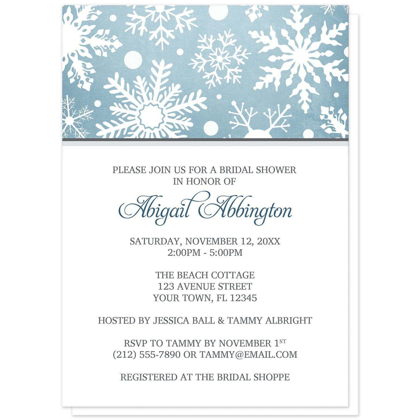 Winter Snowflake Blue Gray Bridal Shower Invitations at Artistically Invited. Modern winter snowflake blue gray bridal shower invitations designed with a white snowflakes pattern over an organic blue wintry background at the top of the invitations. Your personalized bridal shower celebration details are custom printed in blue and gray on white below the snowflakes. 