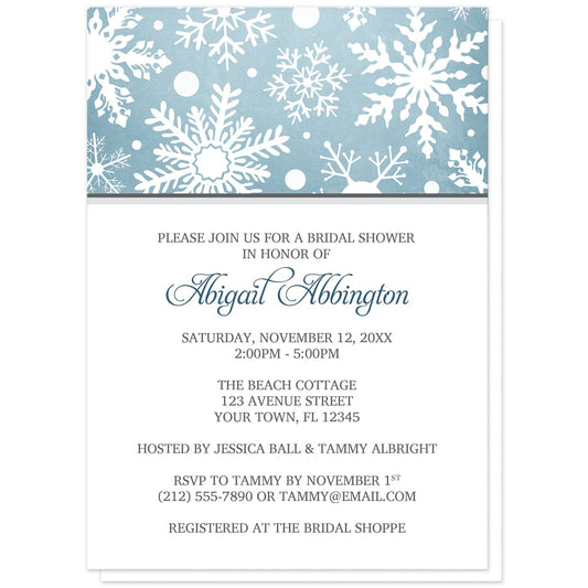 Winter Snowflake Blue Gray Bridal Shower Invitations at Artistically Invited. Modern winter snowflake blue gray bridal shower invitations designed with a white snowflakes pattern over an organic blue wintry background at the top of the invitations. Your personalized bridal shower celebration details are arranged in blue and gray on white below the snowflakes.