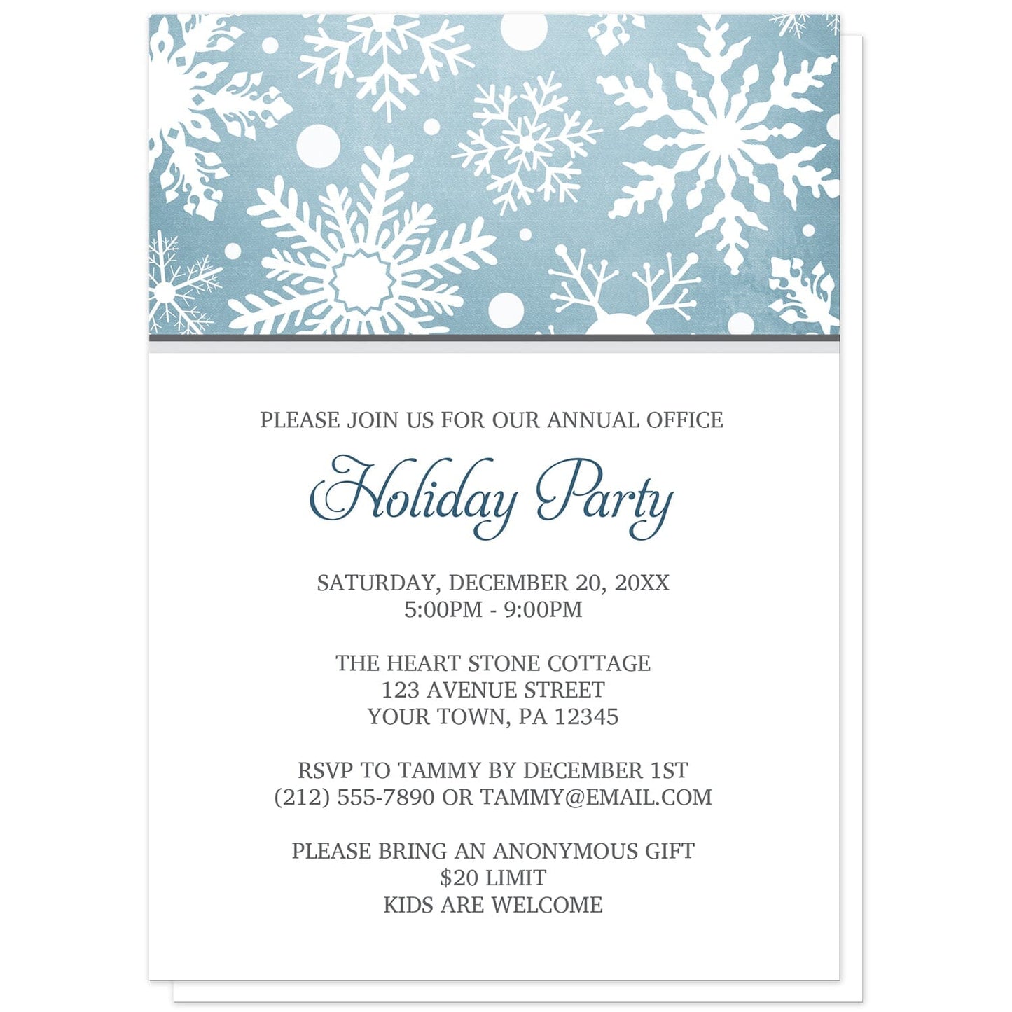 Winter Snowflake Blue Gray Holiday Party Invitations at Artistically Invited. Modern winter snowflake blue gray holiday party invitations designed with a white snowflakes pattern over an organic blue wintry background at the top of the invitations. Your personalized holiday celebration details are arranged in blue and gray on white below the snowflakes.