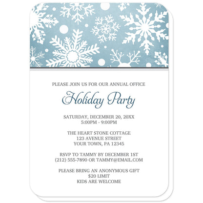 Winter Snowflake Blue Gray Holiday Party Invitations (with rounded corners) at Artistically Invited. Modern winter snowflake blue gray holiday party invitations designed with a white snowflakes pattern over an organic blue wintry background at the top of the invitations. Your personalized holiday celebration details are custom printed in blue and gray on white below the snowflakes. 