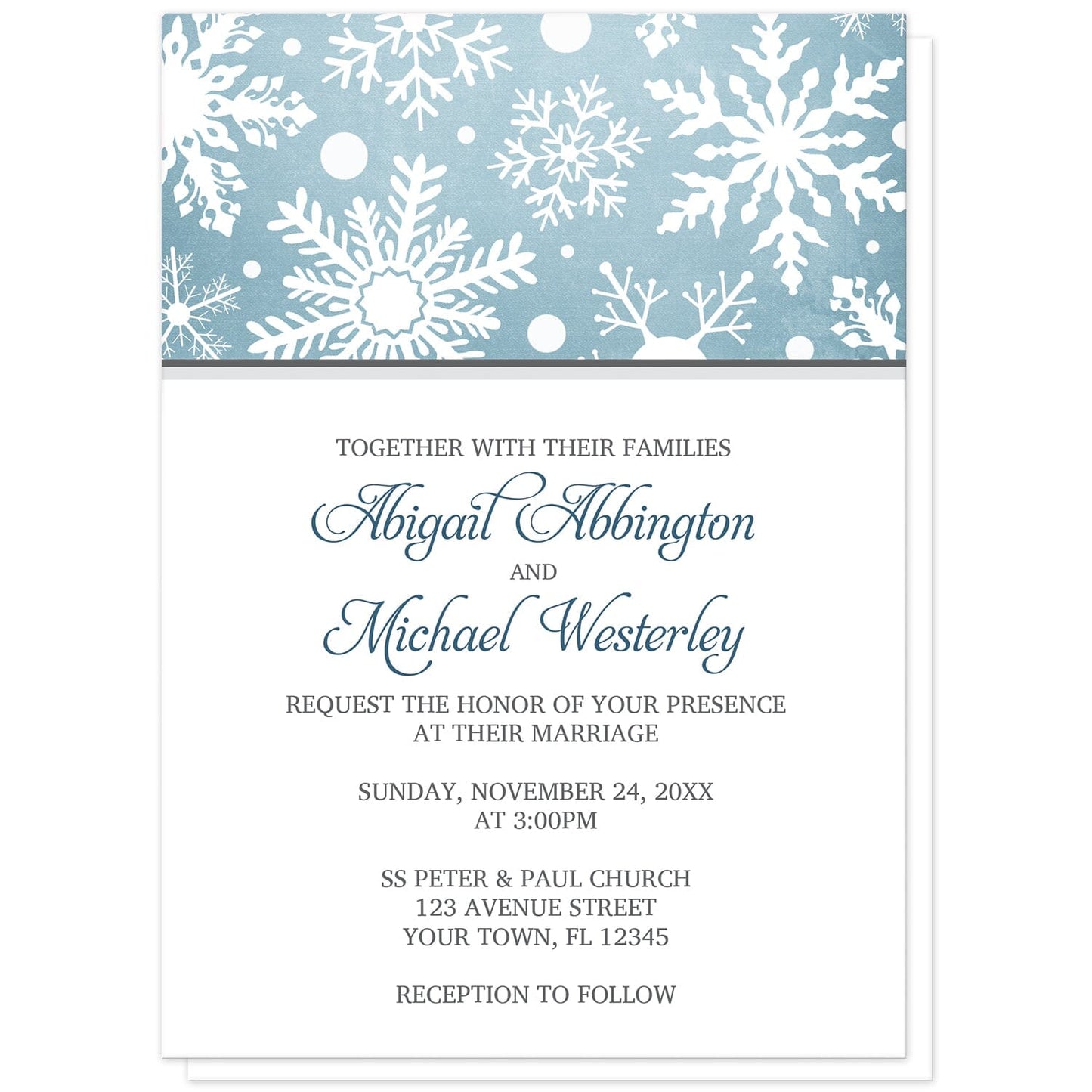 Winter Snowflake Blue with Gray Wedding Invitations at Artistically Invited. Modern winter snowflake blue with gray wedding invitations designed with a white snowflakes pattern over an organic blue wintry background at the top of the invitations. Your personalized marriage celebration details are arranged in blue and gray on white below the snowflakes.