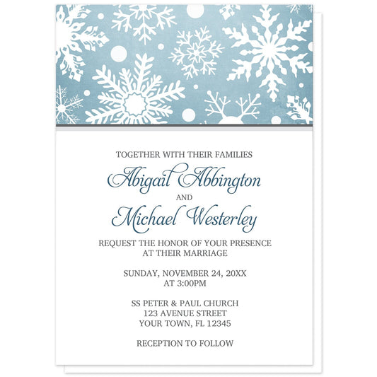 Winter Snowflake Blue with Gray Wedding Invitations at Artistically Invited. Modern winter snowflake blue with gray wedding invitations designed with a white snowflakes pattern over an organic blue wintry background at the top of the invitations. Your personalized marriage celebration details are arranged in blue and gray on white below the snowflakes.