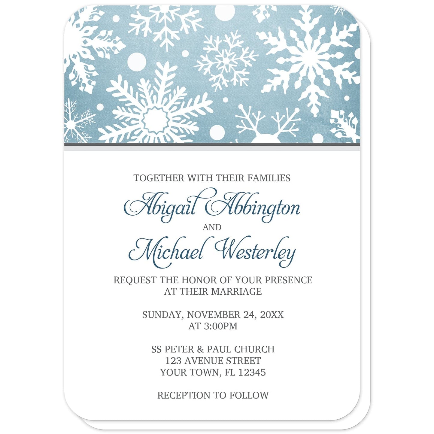 Winter Snowflake Blue with Gray Wedding Invitations (with rounded corners) at Artistically Invited. Modern winter snowflake blue with gray wedding invitations designed with a white snowflakes pattern over an organic blue wintry background at the top of the invitations. Your personalized marriage celebration details are custom printed in blue and gray on white below the snowflakes.