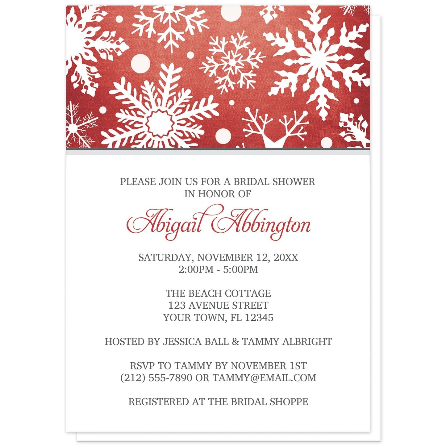 Winter Snowflake Red Gray Bridal Shower Invitations at Artistically Invited. Modern winter snowflake red gray bridal shower invitations designed with a white snowflakes pattern over an organic red wintry background at the top of the invitations. Your personalized bridal shower celebration details are arranged in red and gray on white below the snowflakes.