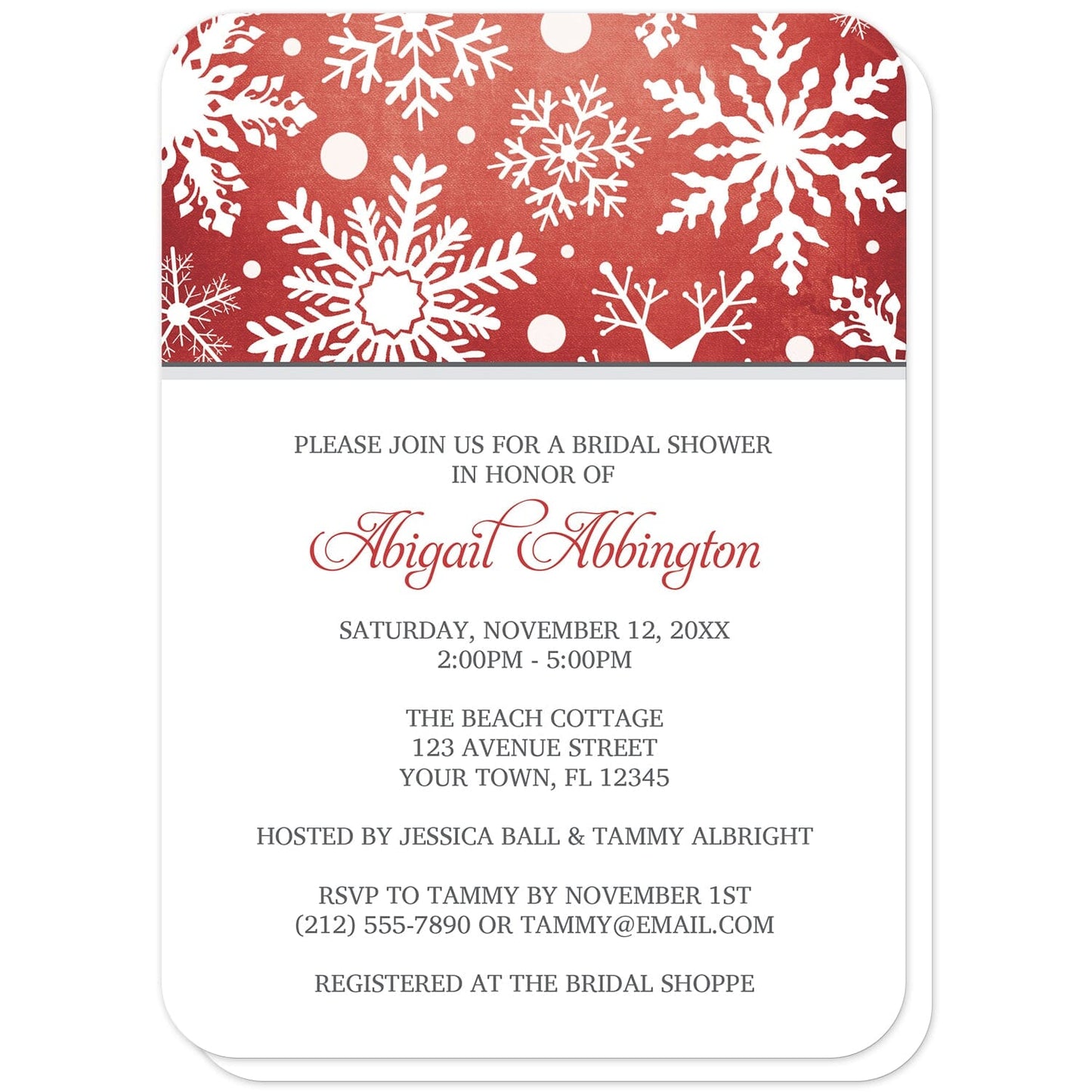Winter Snowflake Red Gray Bridal Shower Invitations (with rounded corners) at Artistically Invited. Modern winter snowflake red gray bridal shower invitations designed with a white snowflakes pattern over an organic red wintry background at the top of the invitations. Your personalized bridal shower celebration details are custom printed in red and gray on white below the snowflakes.