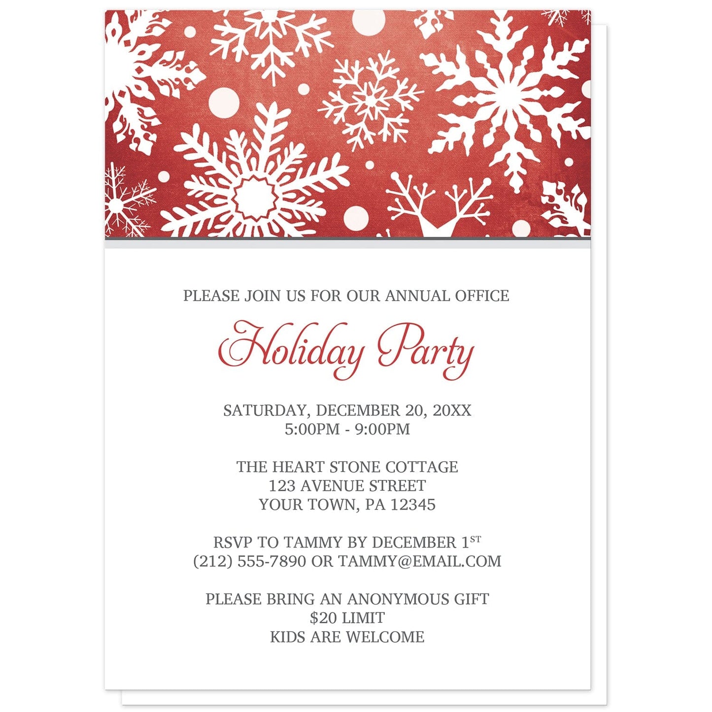 Winter Snowflake Red Gray Holiday Party Invitations at Artistically Invited. Modern winter snowflake red gray holiday party invitations designed with a white snowflakes pattern over an organic red wintry background at the top of the invitations. Your personalized holiday celebration details are arranged in red and gray on white below the snowflakes.