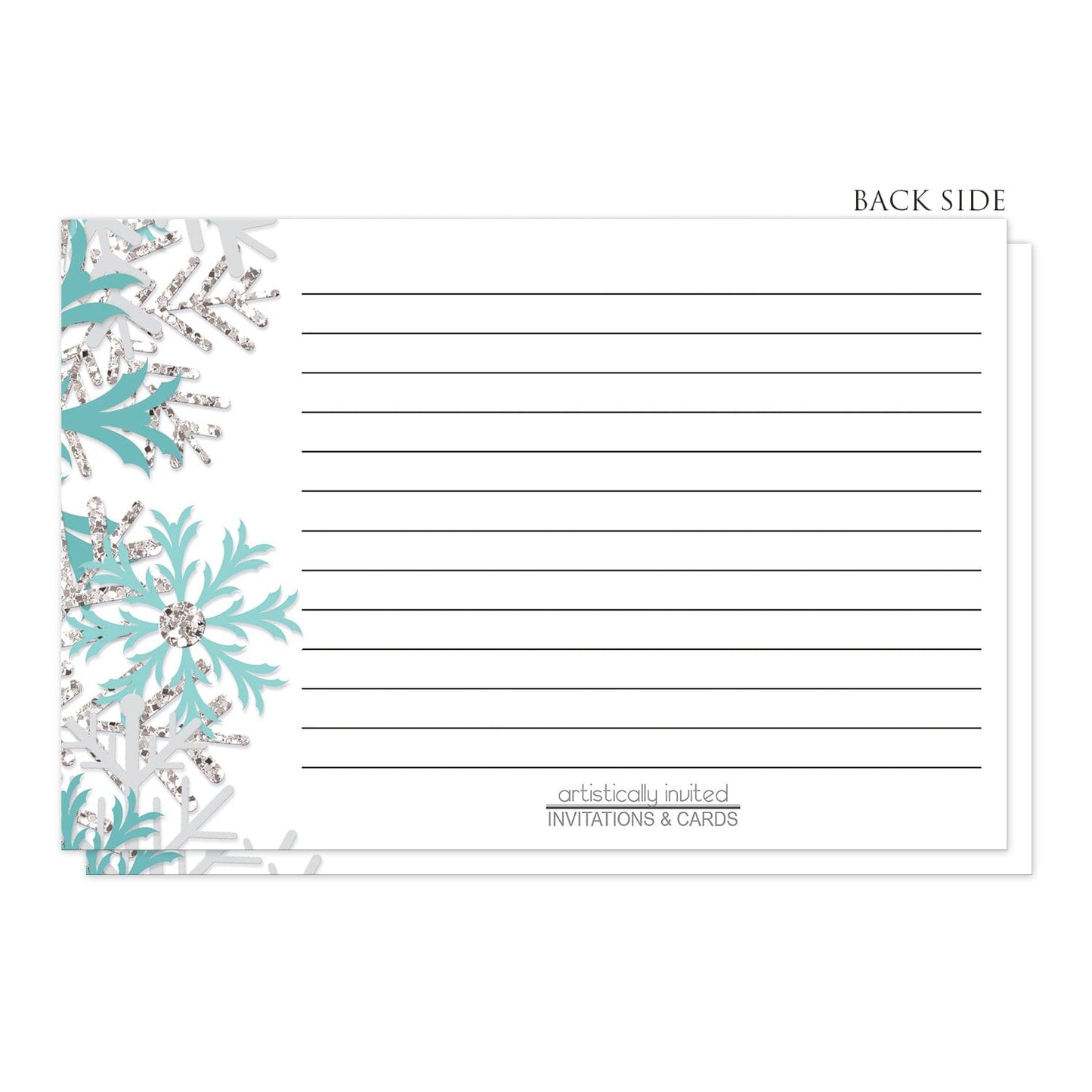 Winter Teal Silver Snowflake Recipe Cards (back side) at Artistically Invited.