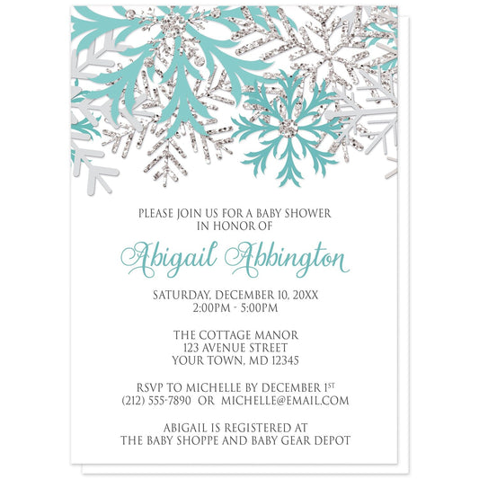 Winter Teal Silver Snowflake Baby Shower Invitations at Artistically Invited. Beautiful winter teal silver snowflake baby shower invitations designed with teal, light teal, silver-colored glitter-illustrated, and light gray snowflakes along the top over a white background. Your personalized baby shower celebration details are arranged in teal and gray below the pretty snowflakes.