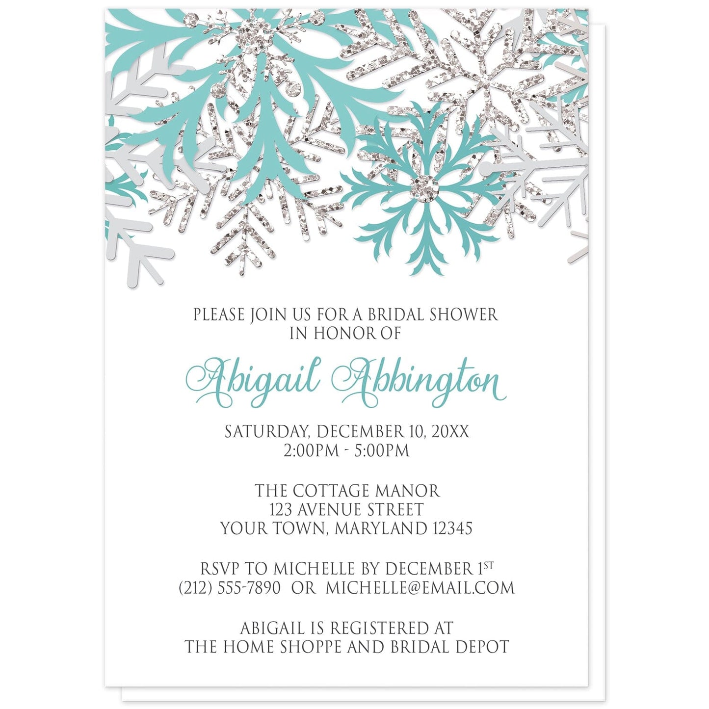 Winter Teal Silver Snowflake Bridal Shower Invitations at Artistically Invited. Beautiful winter teal silver snowflake bridal shower invitations designed with teal, light teal, silver-colored glitter-illustrated, and light gray snowflakes along the top over a white background. Your personalized bridal shower celebration details are custom printed in teal and gray below the pretty snowflakes.