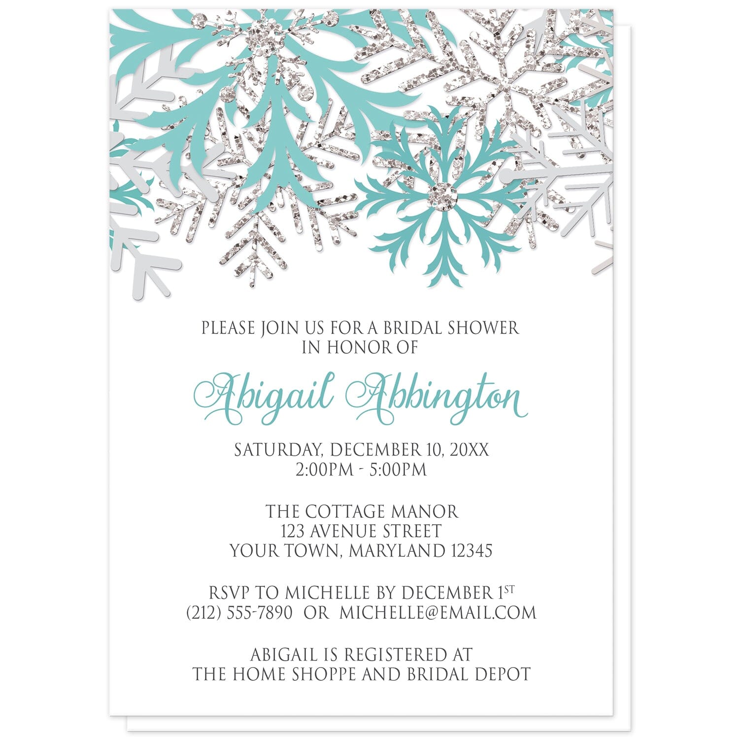Winter Teal Silver Snowflake Bridal Shower Invitations at Artistically Invited. Beautiful winter teal silver snowflake bridal shower invitations designed with teal, light teal, silver-colored glitter-illustrated, and light gray snowflakes along the top over a white background. Your personalized bridal shower celebration details are arranged in teal and gray below the pretty snowflakes.