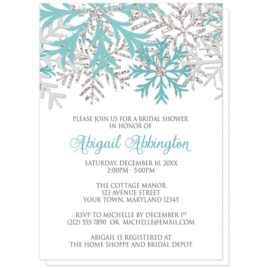 Winter Teal Silver Snowflake Bridal Shower Invitations at Artistically Invited. Beautiful winter teal silver snowflake bridal shower invitations designed with teal, light teal, silver-colored glitter-illustrated, and light gray snowflakes along the top over a white background. Your personalized bridal shower celebration details are arranged in teal and gray below the pretty snowflakes.