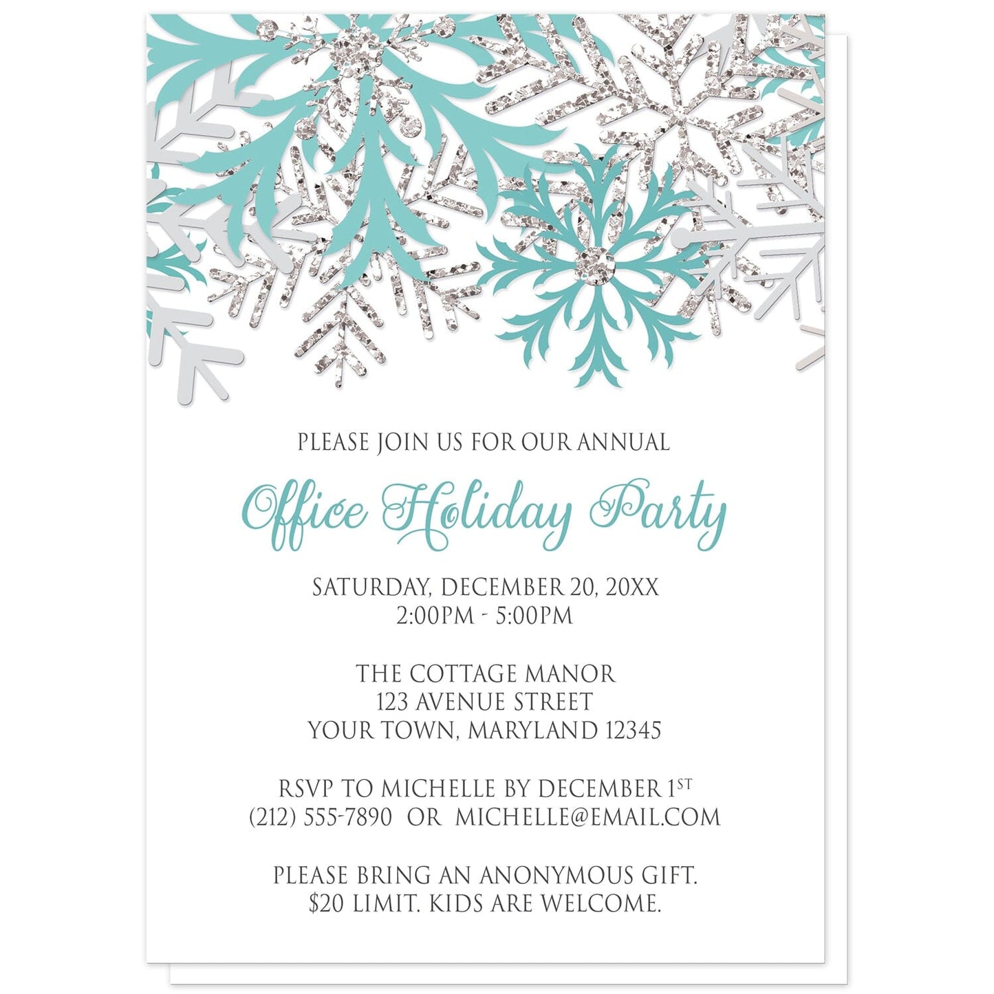 Winter Teal Silver Snowflake Holiday Party Invitations at Artistically Invited. Winter teal silver snowflake holiday party invitations with teal, light teal, and silver-colored glitter-illustrated snowflakes over a white background. Your personalized party details for your home or office party are arranged in gray and teal. The occasion title is printed in a whimsical teal script font while your remaining details are printed in an all-capital letters gray serif font.